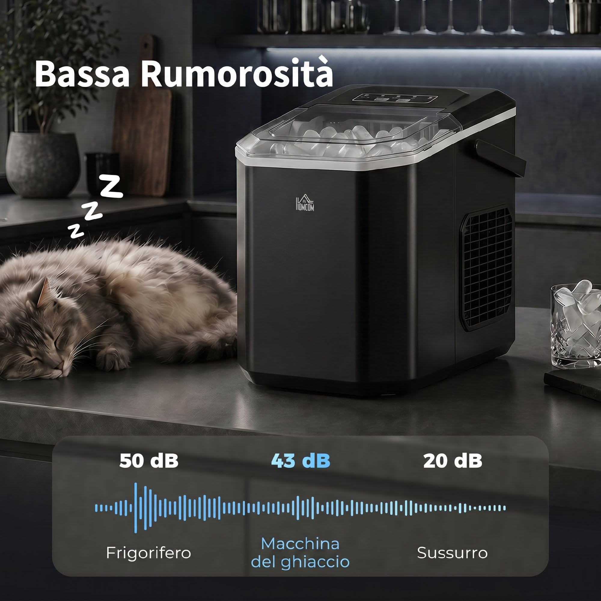 HOMCOM Macchina del Ghiaccio Autopulente 12kg/24h, 9 Cubetti in 6-13 Minuti con Cesto e Paletta, Macchina per il Ghiaccio in PP e Rame, 22.2x29.4x29 cm, Nera