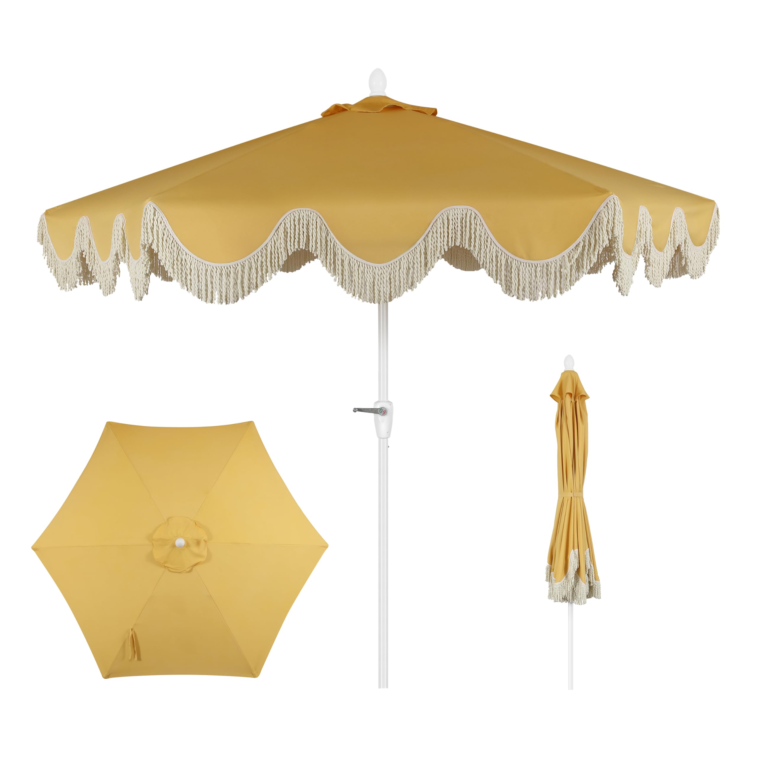 Photo 1 of !!!!HAS BEEN USED!!IS DIRTY!!!SALL DAMAGES!!! FINAL SALE!!!!JONATHAN Y UMB1001S Collins 9 ft. Classic Cottage Fringe Tassel Market Patio Umbrella with Auto-Tilt Crank, Wind Vent and UV Protection in Mustard Yellow/Cream, White Pole!! FINAL SALE!!!