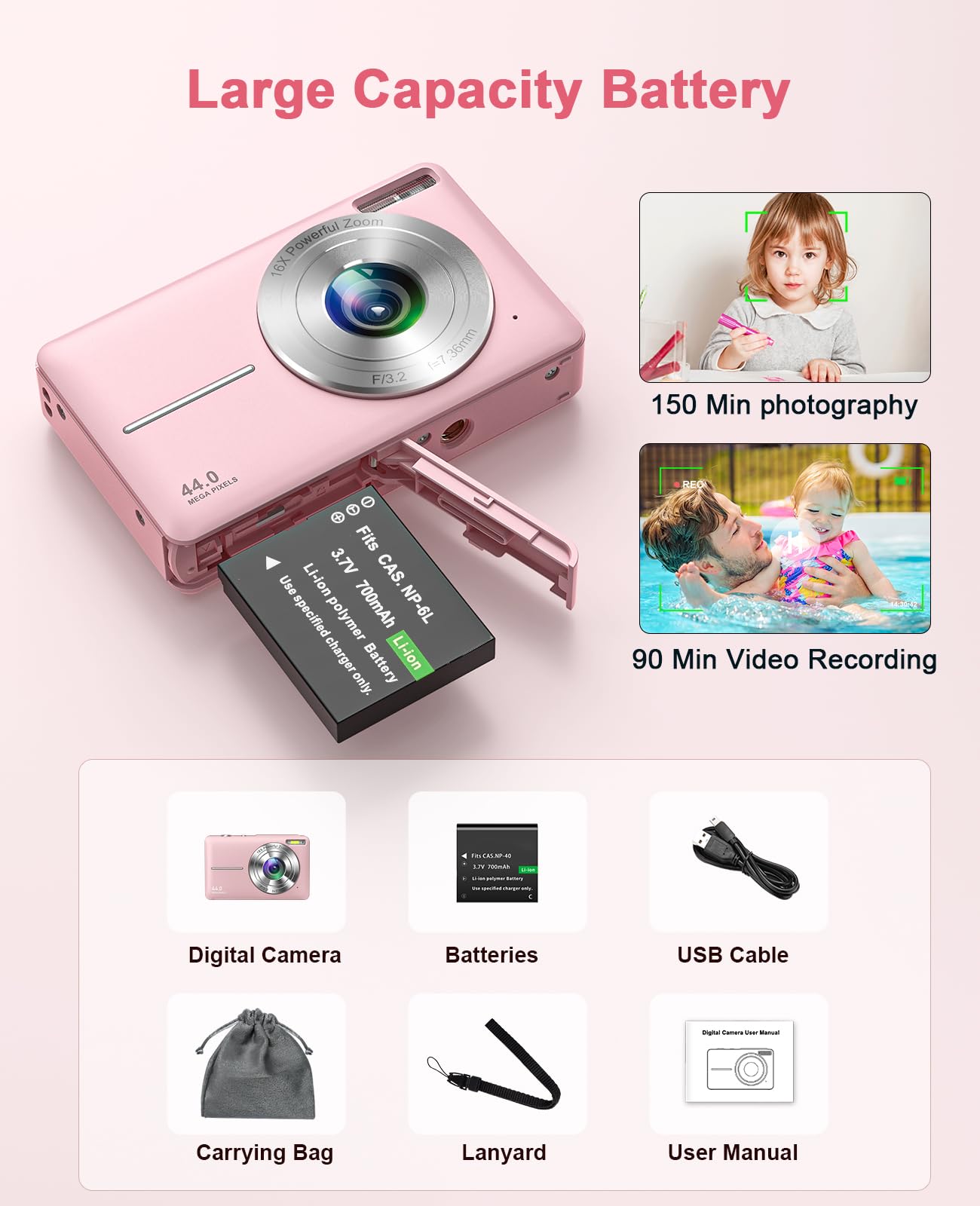 Cámara digital 1080P FHD 44MP cámara digital compacta con pantalla de 2.5 pulgadas, zoom 16X, antivibración, cámara digital portátil pequeña para niños, adolescentes, personas mayores, principiantes