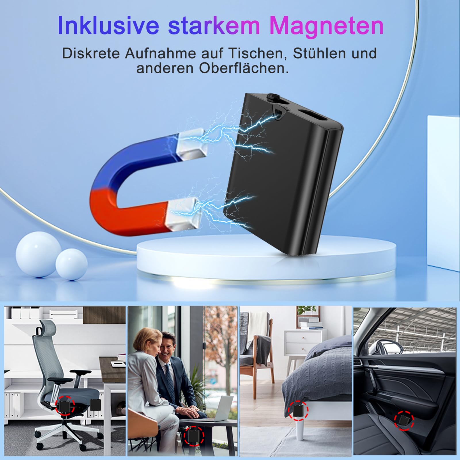 Mini dittafono con magnete integrato, ultra sottile solo 0,95 cm, attivazione vocale e riduzione del rumore DSP, registrazione one-touch, registratore portatile per riunioni, interviste