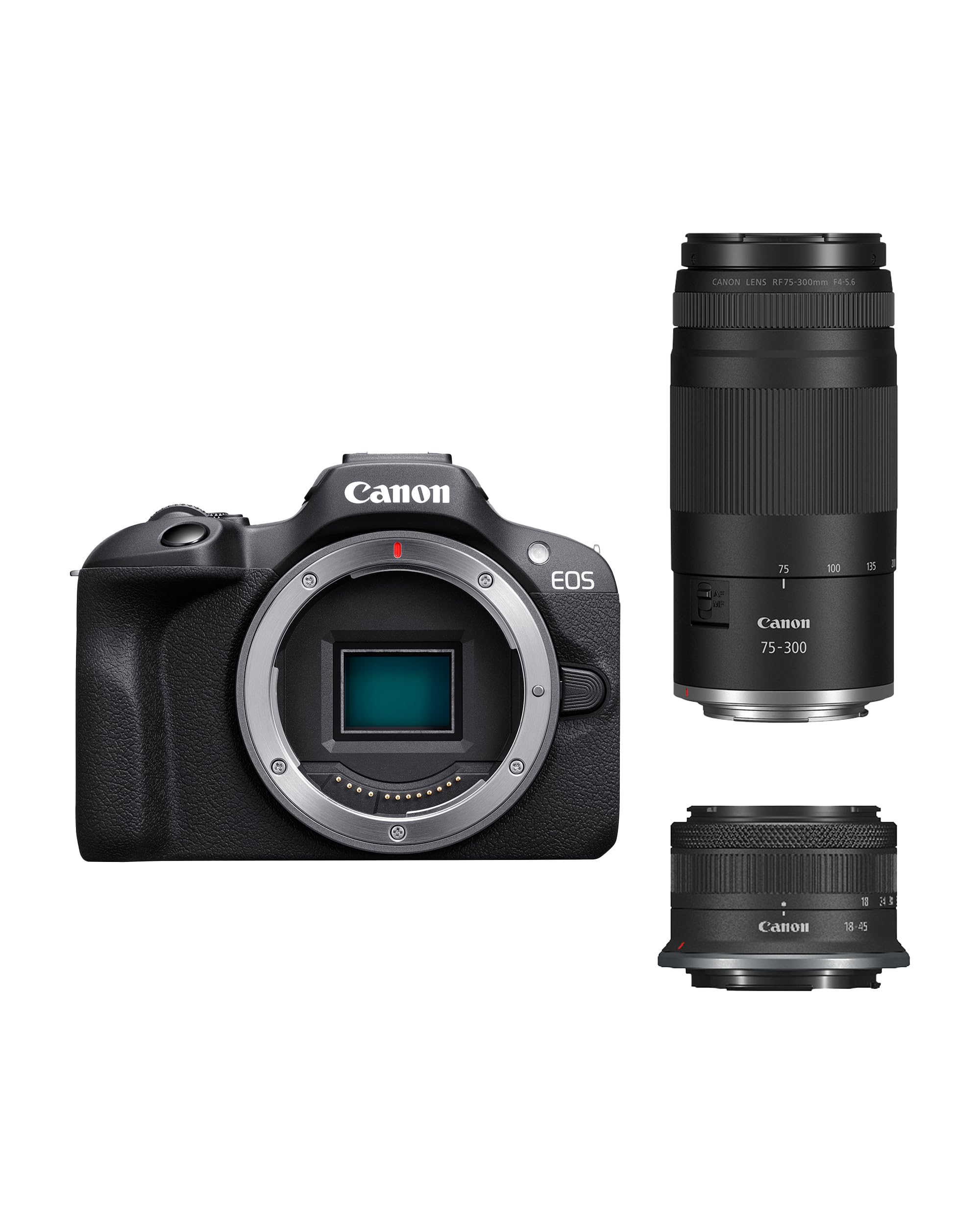 Canon EOS R100 Appareil Photo avec Objectif RF-S 18-45mm + RF 75-300mm Kit Double Zoom, Appareil Photo Hybride APS-C, Autofocus CMOS Dual Pixel, Vidéo 4K, Prise de Vue en Continu Jusqu’à 6,5 IPS