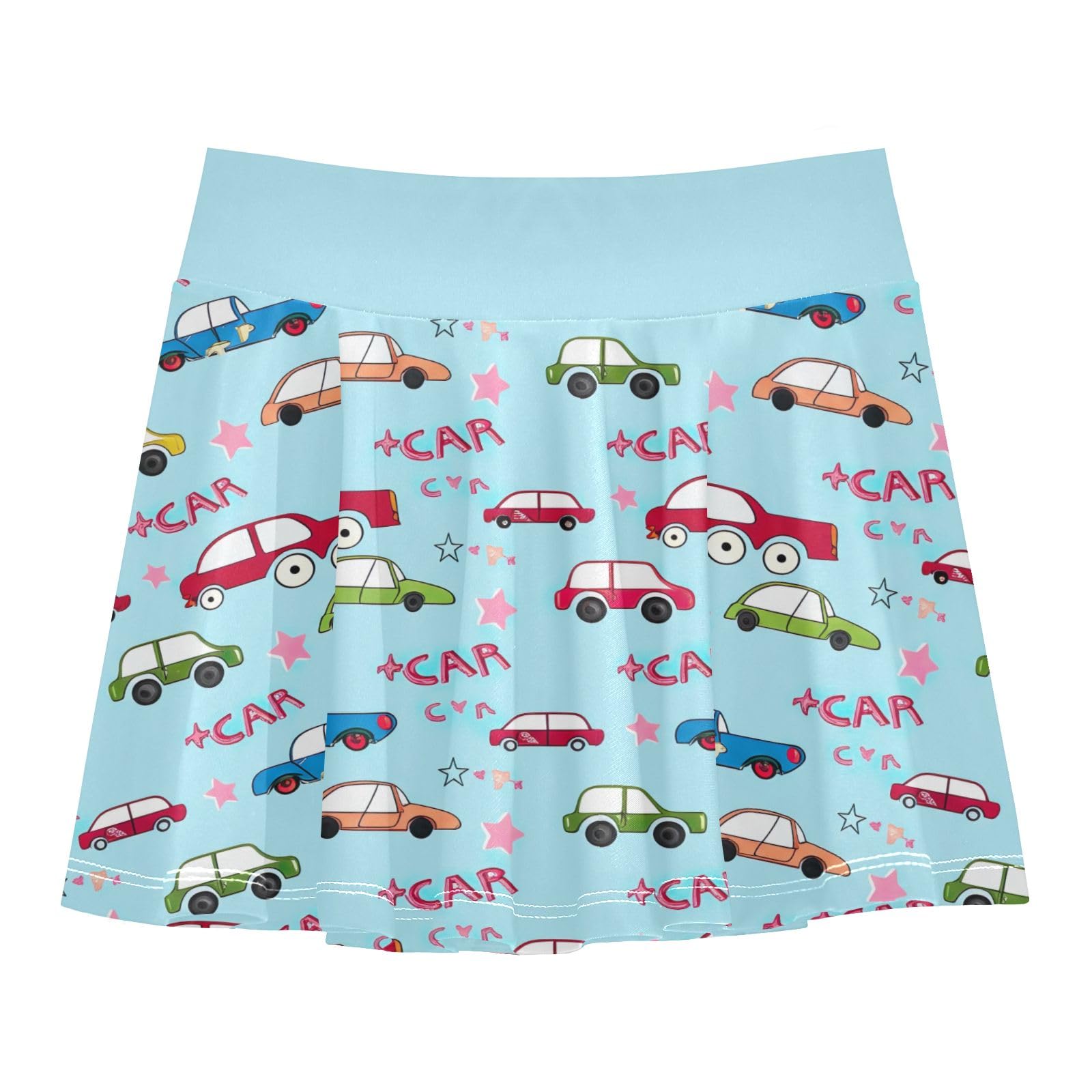 CHIFIGNO Cute Cartoon Cars Light Blue Girls' Tennis Skirt with Shorts Pleated Athletic Skorts Workout Golf Skirts Size 11-12