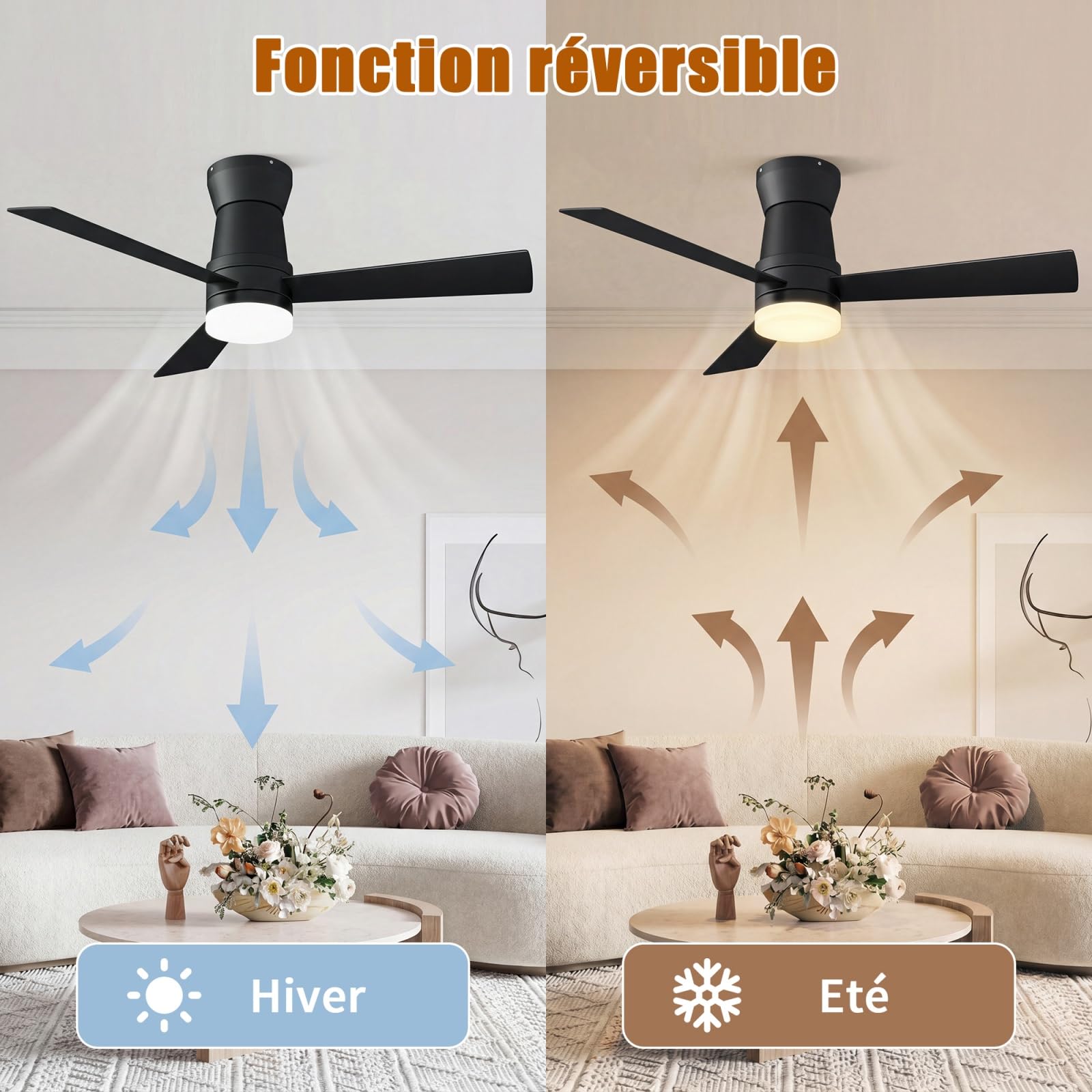 Ventilador de techo con 6 velocidades, 3 cuchillas, temporizador 1/4/8h, negro | Ventilador DC, motor de atenuador de frecuencia, funcionamiento verano/invierno,para sala de estar, dormitorio