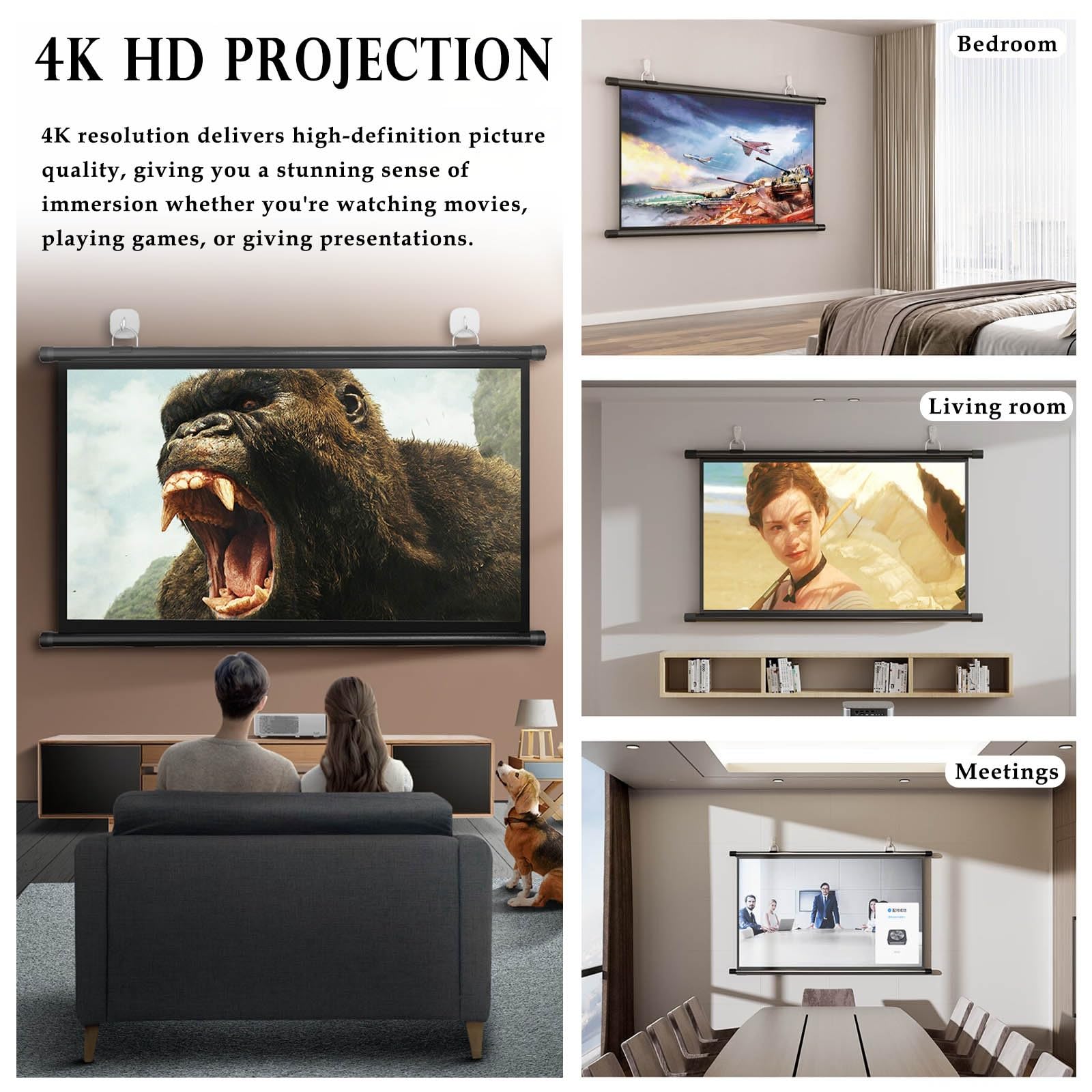 Schermo for Proiettore Da 30/40/50 Pollici, 4K Telo Proiettore Home Theater | 16:9 4:3 Telo for Videoproiezioni, AntiRughe Schermo Di Proiezione A Parete, for Feste Ufficio Aula(60in 4:3)