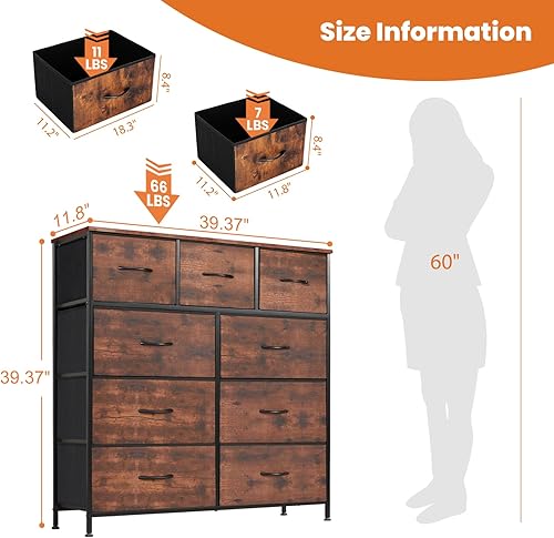 Miniatura 3 de Cómoda alta para dormitorio, cajón organizador de aparador con 9 cajones, cómoda con papelera de tela, marco de acero, parte superior de madera para