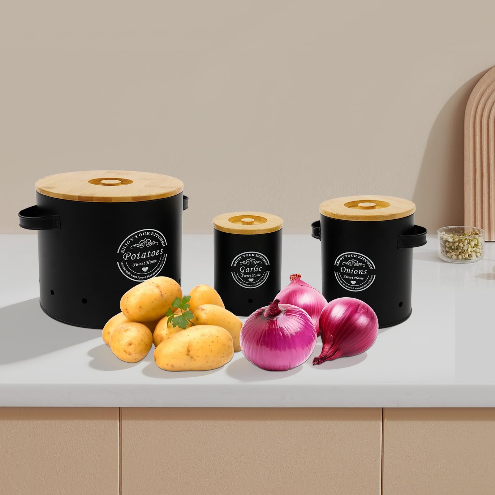 3er Set Aufbewahrung Kartoffeln Zwiebeln Knoblauch Kartoffel Aufbewahrungsbox mit Frischebelüftung Zwiebel Aufbewahrungbox mit Deckel & Griff Aufbewahrung Küche aus Kohlenstoffstahl，A，A