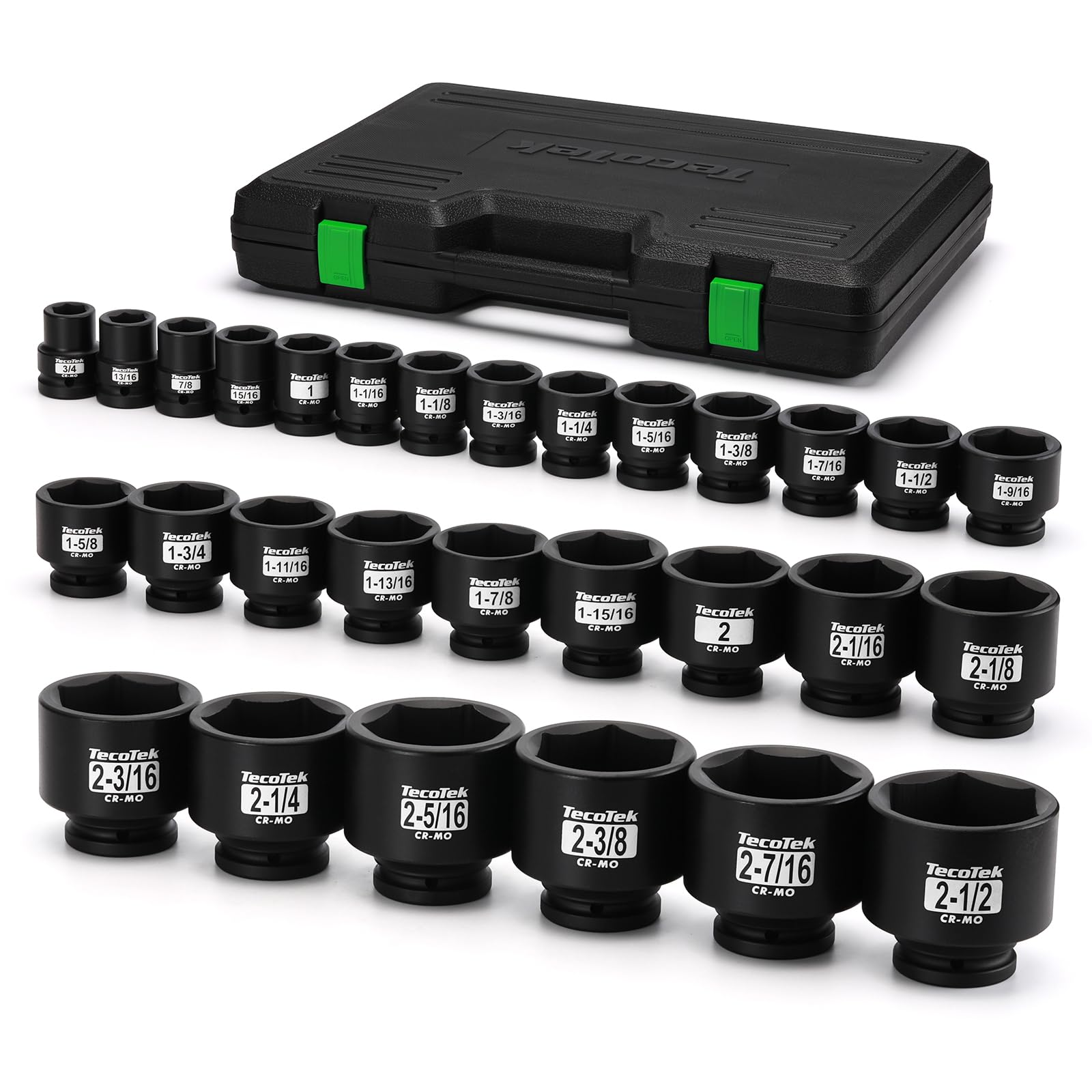 TecoTek 3/4" Drive Shallow 6-Point Impact Socket Set, 29-Piece Jumbo Assortment, CR-MO, SAE, 3/4 inch - 2-1/2 inch, Heavy Duty Storage Case