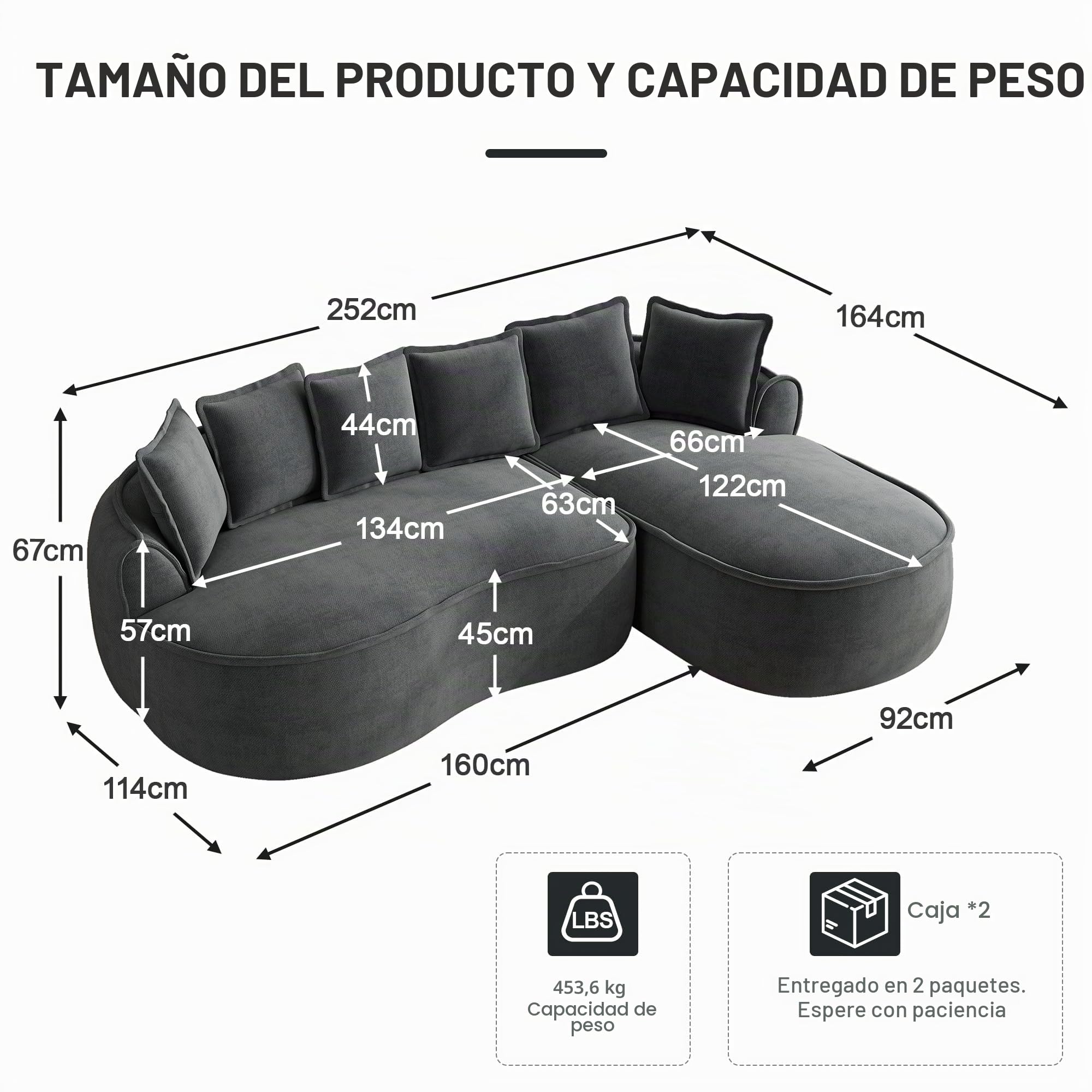 Bladez Frameless - Sofá modular de esquina en forma de L de chenilla, asiento extra profundo y chaise longue, sofá de suelo sin montaje, sofá curvo para salón (gris, 3 plazas