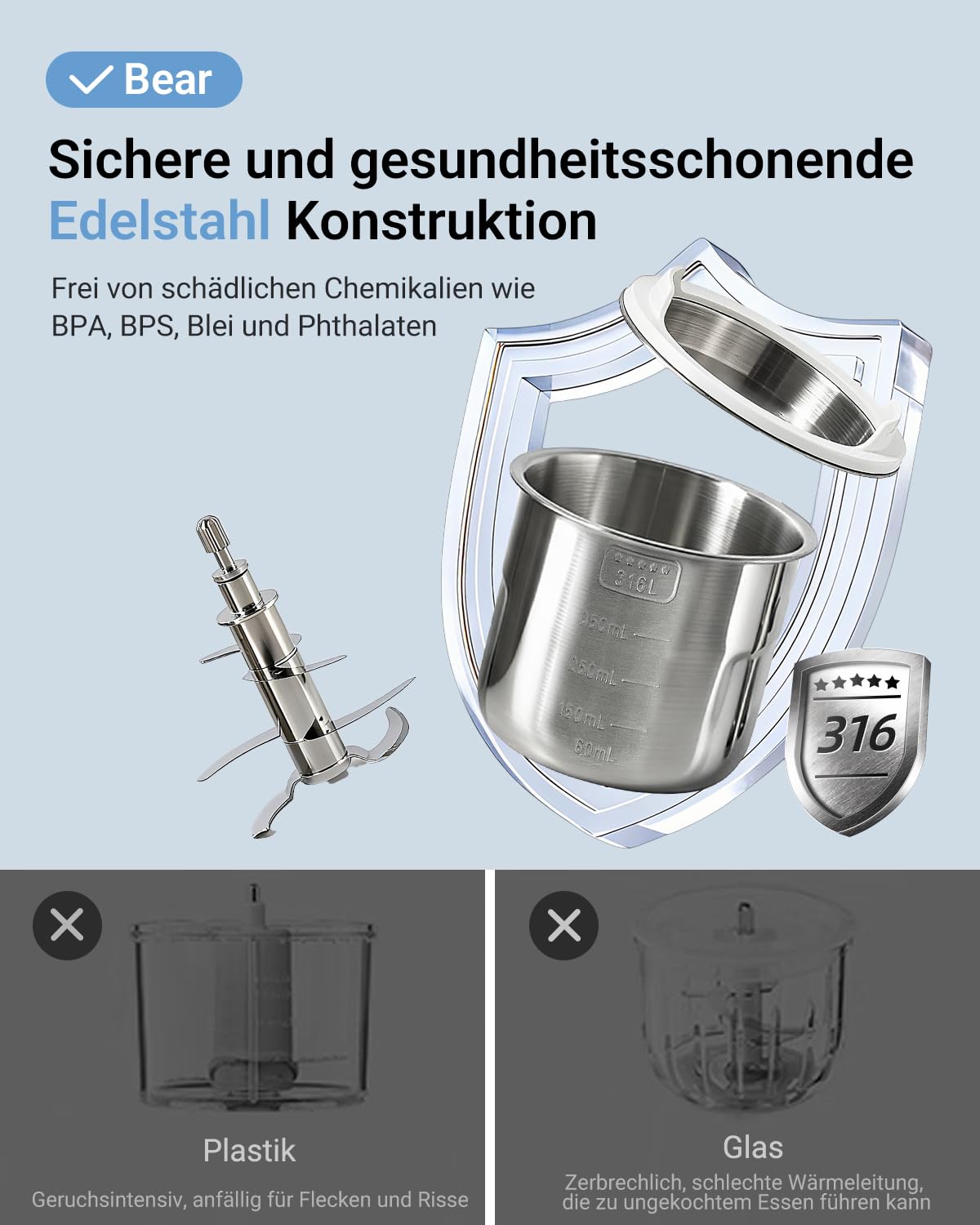 Bear NutriEase AllStage Baby Food Maker Edelstahl, OneStep Automatisches Kochen & Zerkleinern BPA-frei