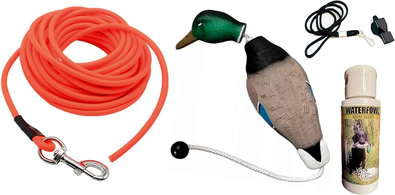 Dog Training Ruff-Cord Check Cord Tracking Leash 30 ft. - Ultimate Mallard Trainer - Waterfowl Scent - Lanyard and Whistle Dog Training Kit HuntEmUp