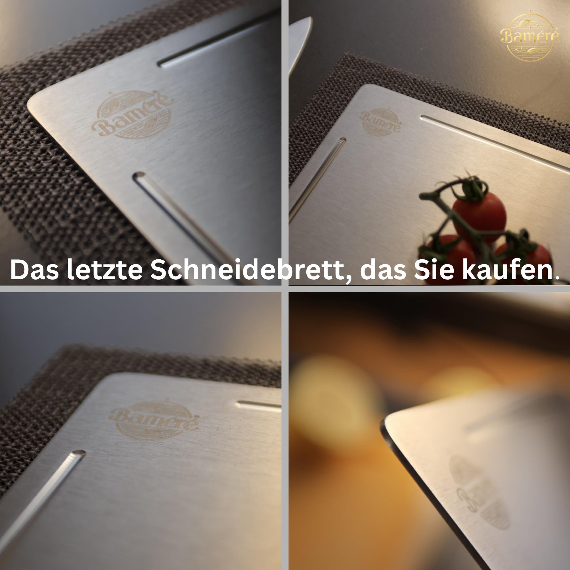 Baméré Titan-Schneidebrett, 100% reines Titan, antibakteriell, geruchsneutral, spülmaschinenfest, leicht zu reinigen, klingenschonend inklusive Anti-Rutsch Matte mit Saftrinne (25x35 cm)
