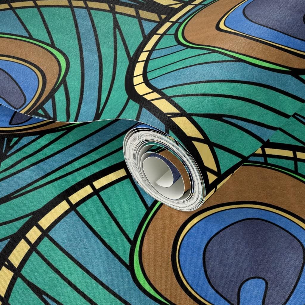 Peel & Stick Wallpaper 3ft x 2ft - Peacock Art Deco Fan Pattern Feather Blue Green 1920S Vintage Inspired Gold Animal Print Scallop Custom Removable Wallpaper by Spoonflower