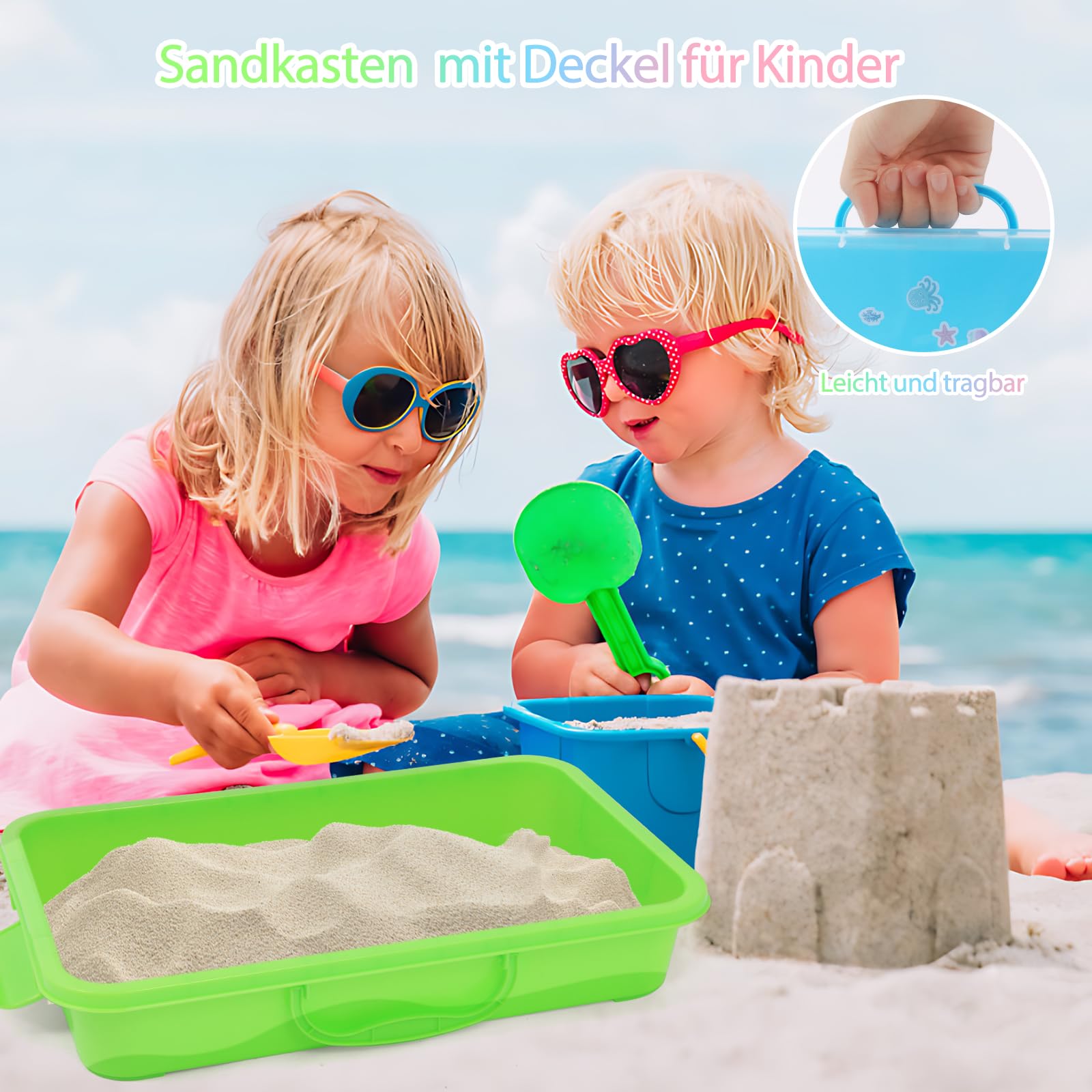 FIIOEOY 3 Stück Sandkasten mit Deckel & Aufklebern für Kinder, Sensorik Wanne Box Sandtablett Sensory Bin Kunststoff-Tablett Aufbewahrungsbox für Spielzeug, Sand und mehr (Blau, Grün, Rosa)