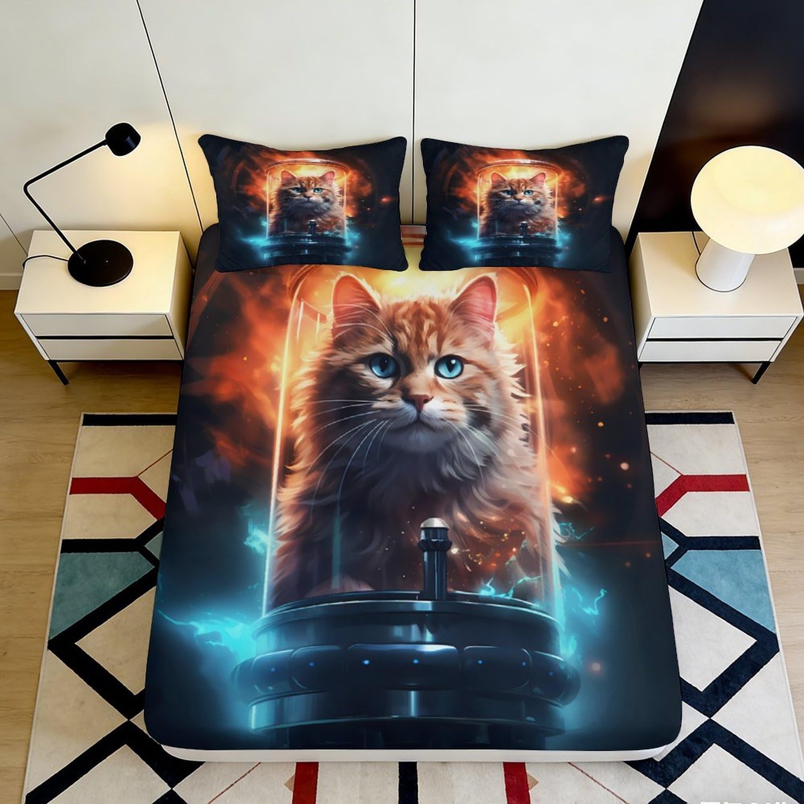 3D Printed Fiery Cat Fitted Sheet Microfiber Soft Breathable Space Aura Mattress Cover for Bedroom Dorm Decor 90x200x25cm