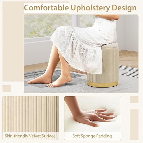 Miniatura 6 de Giantex Otomana con almacenamiento, juego de 2 otomanas de almacenamiento, 1 mesa auxiliar otomana grande y 1 pequeña, taburete redondo tapizado de