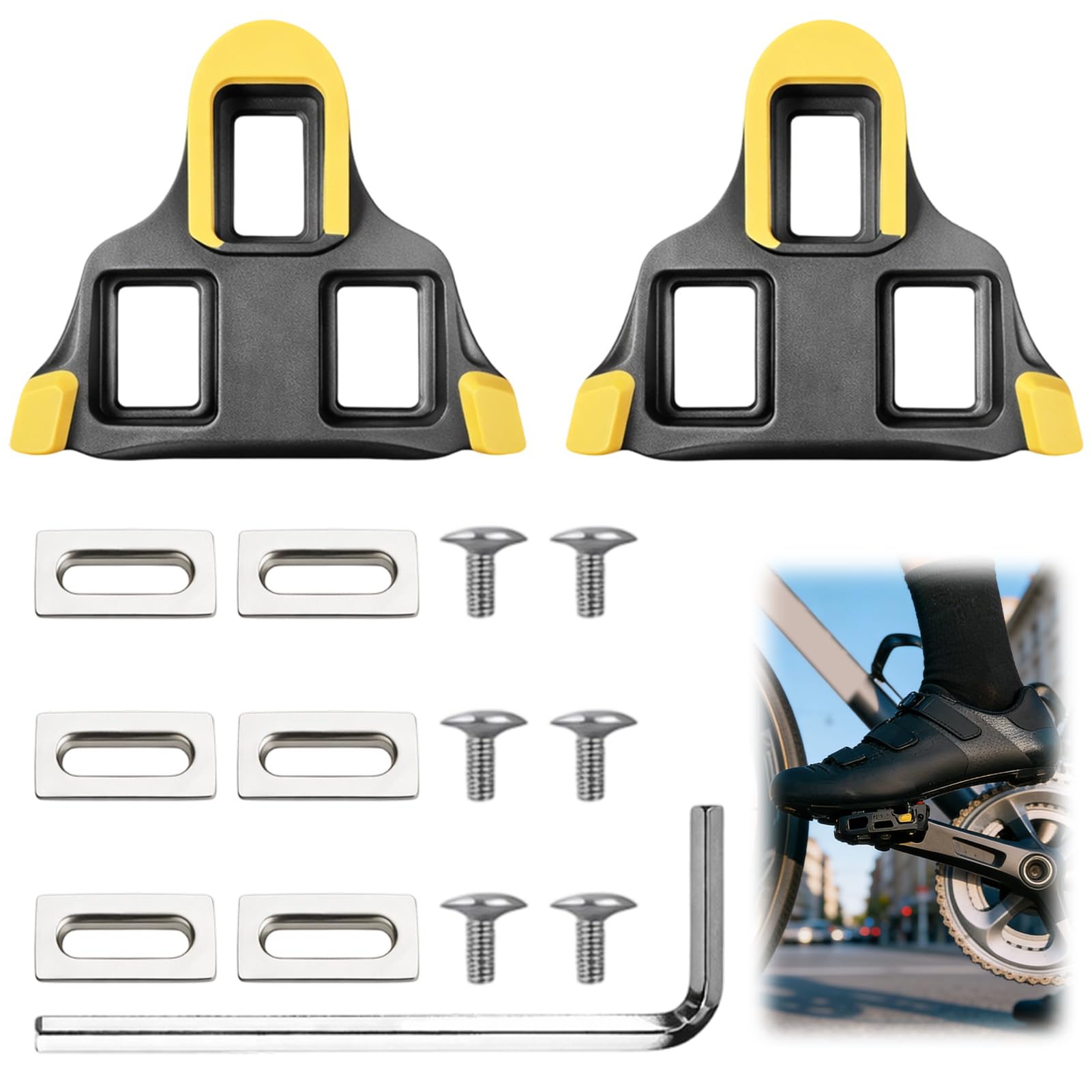 2Pcs SPD SL Cleats for Road Bike Cycling Shoes, Compatible with Shimano Pedals BH10 BH11 BH12, Black Yellow Float Cycling Cleats for Indoor Training Outdoor Riding, Road Bicycle Clips