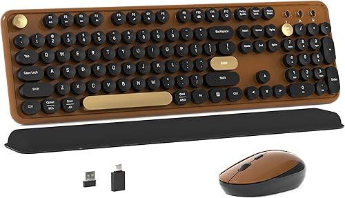 Colorido teclado inalámbrico de computadora y mouse combinado con teclas redondas de máquina de escribir, diseño retro, interruptor de encendido,