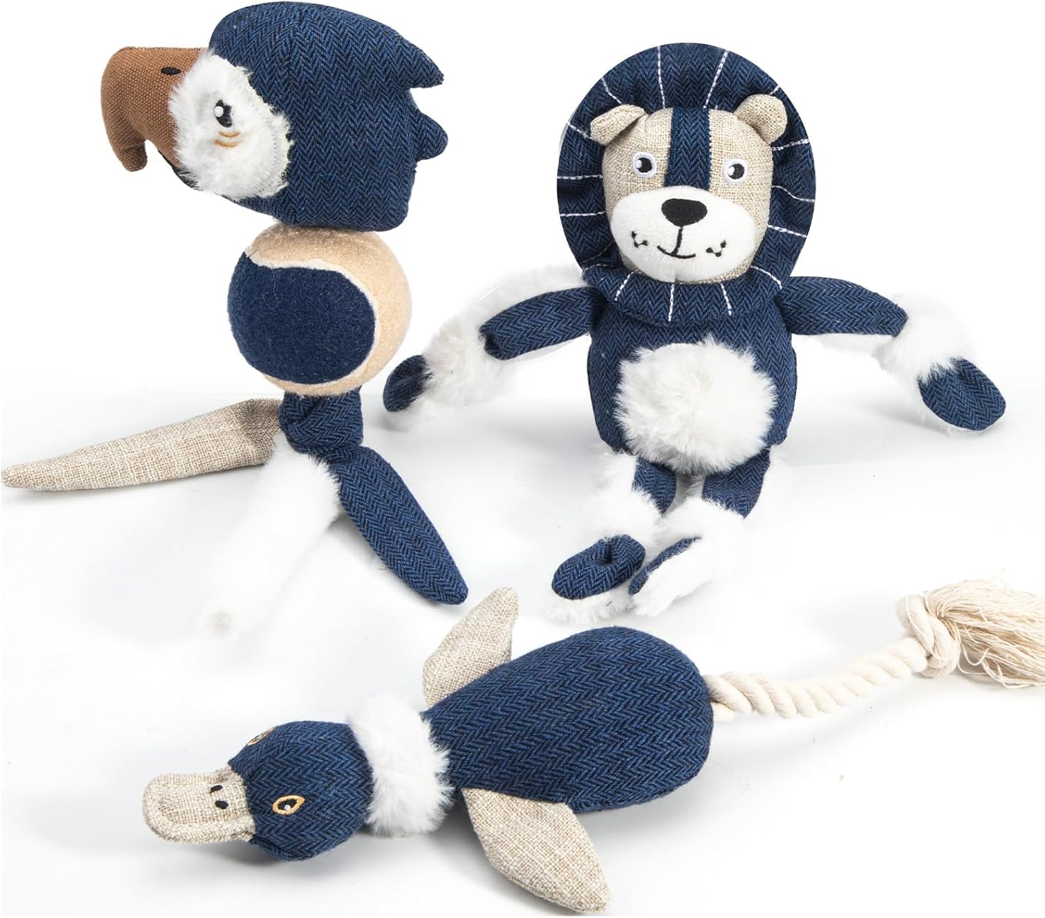 Durable Squeaky Dog Toy Set with Tug Rope | 3-Pack Interactive Plush Toys for Small to Extra Small Dogs | Animal Shapes – Lion, Parrot & Duck | Chew, Play, and Tug of War | Safe and Soft Pet Toy Set