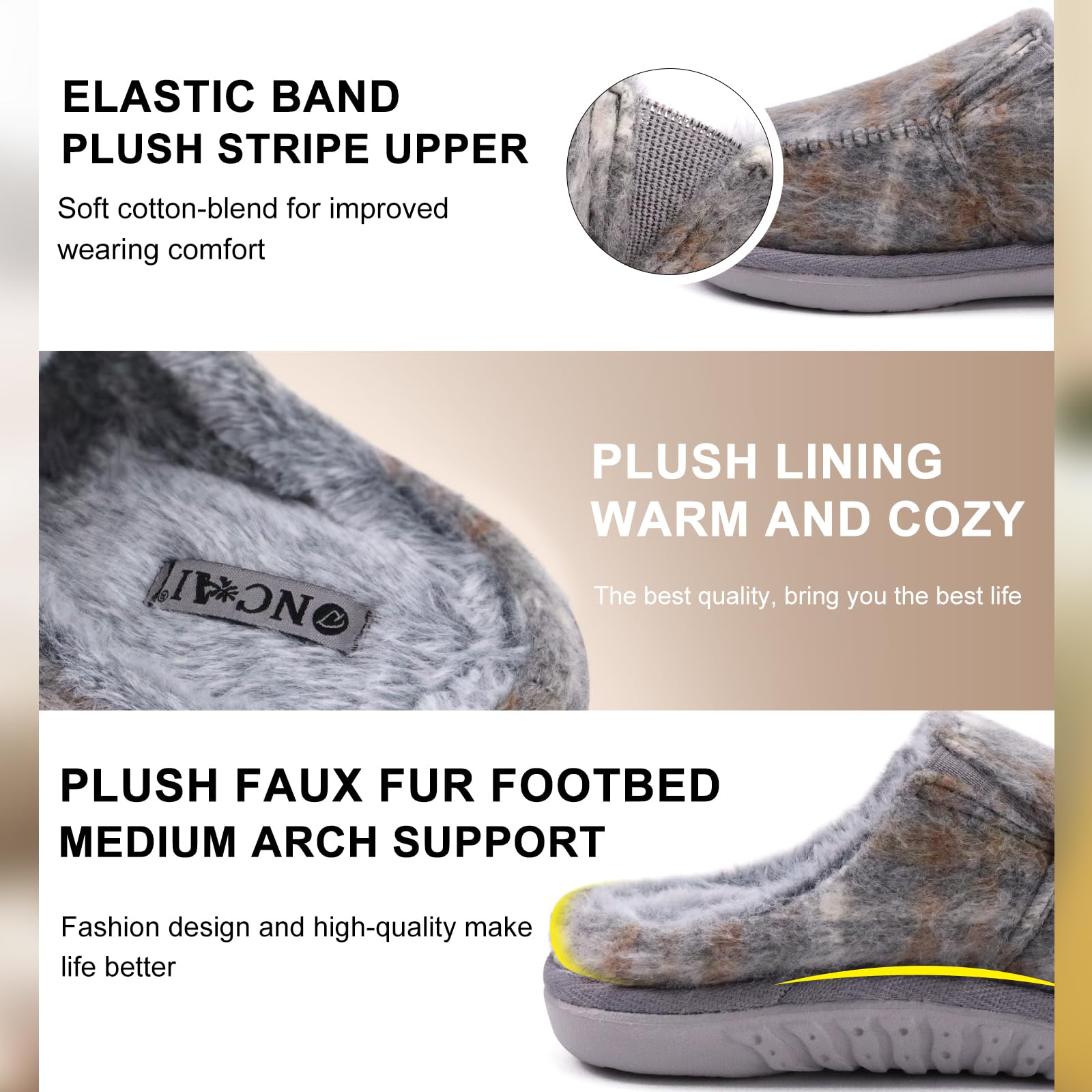 ONCAI Pantofole Donna Peluche Tessuto di Lana Houndstooth Misto Cotone Morbido Memory Foam Comode Plaid Pelliccia sintetica Ciabatte da casa Interno Esterno Tappetino Yoga Suola di Gomma Taglie 35-42