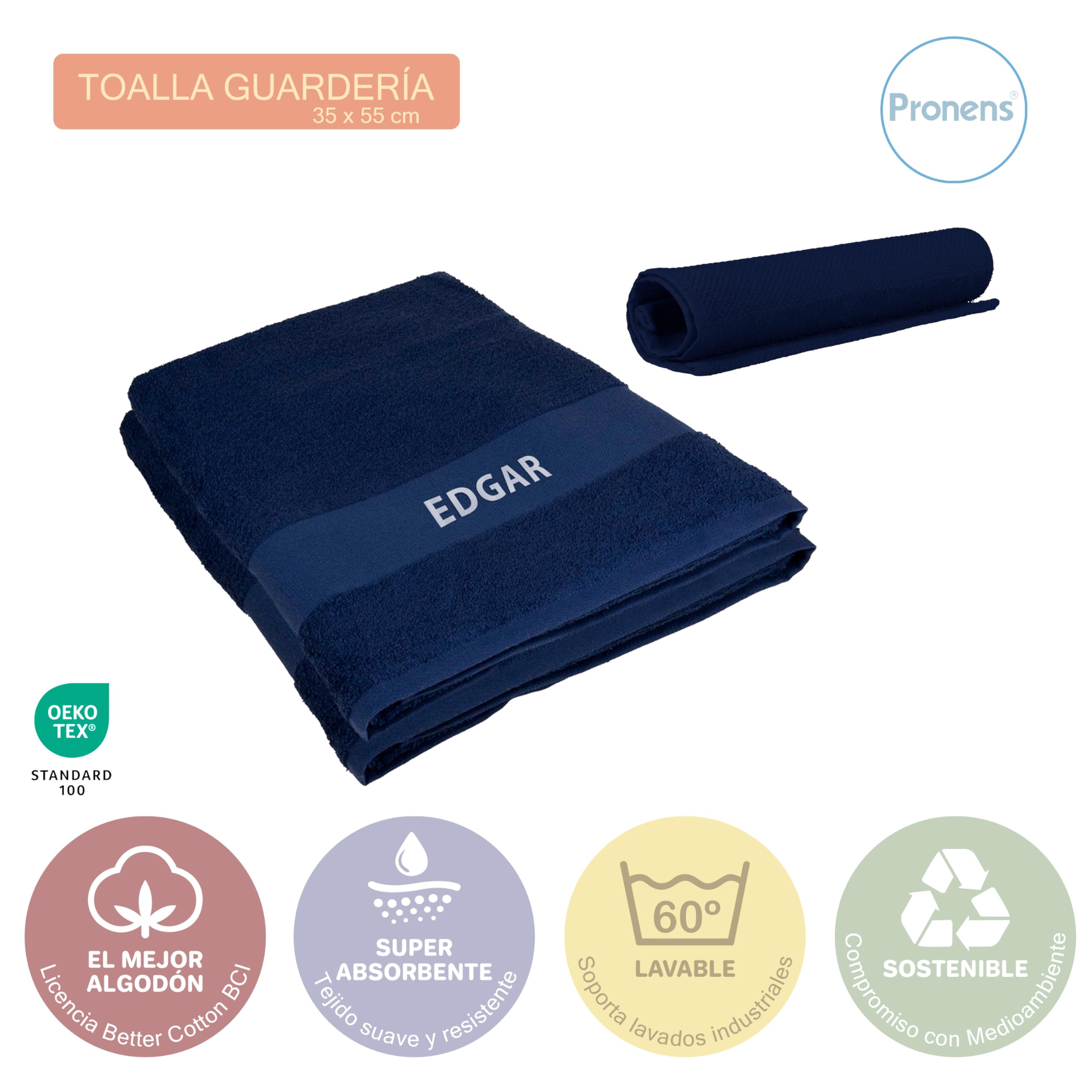 Pack 2 Toallas Guardería con Nombre Bordado Personalizable - Suaves, Absorbentes y Resistentes – 100% algodón – Colgador – Secado Fácil – 30x50cm (Marino)