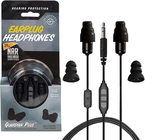 Plugfones Guardian Plus - Auriculares intrauditivos híbridos con reducción de ruido con micrófono de aislamiento de ruido y controles (negro)