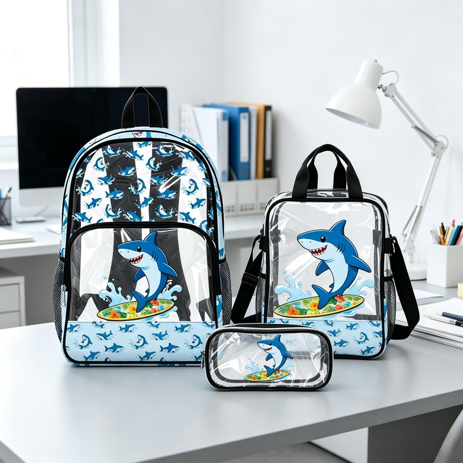 Juego de mochila transparente para niños y niñas con bolsa de almuerzo, estuche para lápices, mochila escolar duradera, paquete de 3 piezas, cómoda y ligera, c, Talla única, Clásico