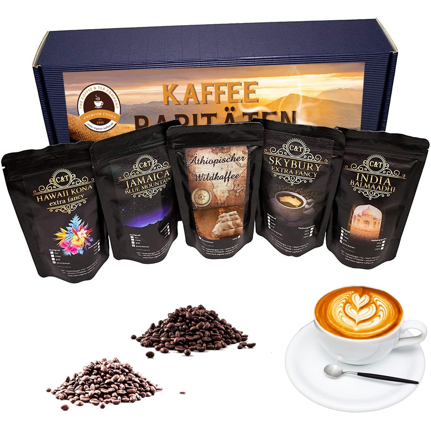 Noble and High Quality Gift Set - Five Exclusive Coffee Rarities Incl. Kopi Luwak Civit Coffee from Free Living Animals (Whole Bean) - Premium Coffee - Gentle and Freshly Roasted