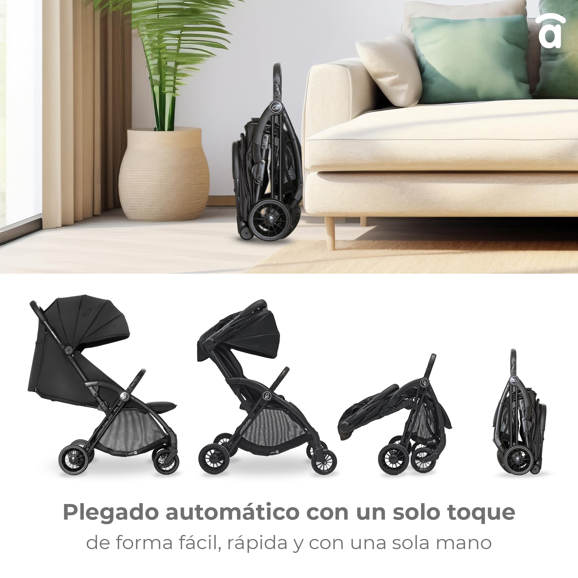 Silla de Paseo Ultraligera y Compacta para Bebé hasta 24 kg, Reclinable, Capota con Ventana, Freno Trasero, Arnés de Seguridad, Plegado Fácil y Rápido – PLIS PLAS Chasis Negro ASALVO