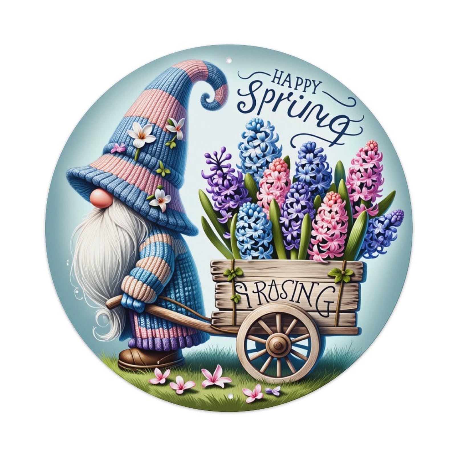 Gnome Spring Flowers Cart Happy Round Tin Sign Vintage Metal Poster, Home Bar Garage Man Cave Cafe Indoor & Outdoor Wall Decoration 8x8Inches