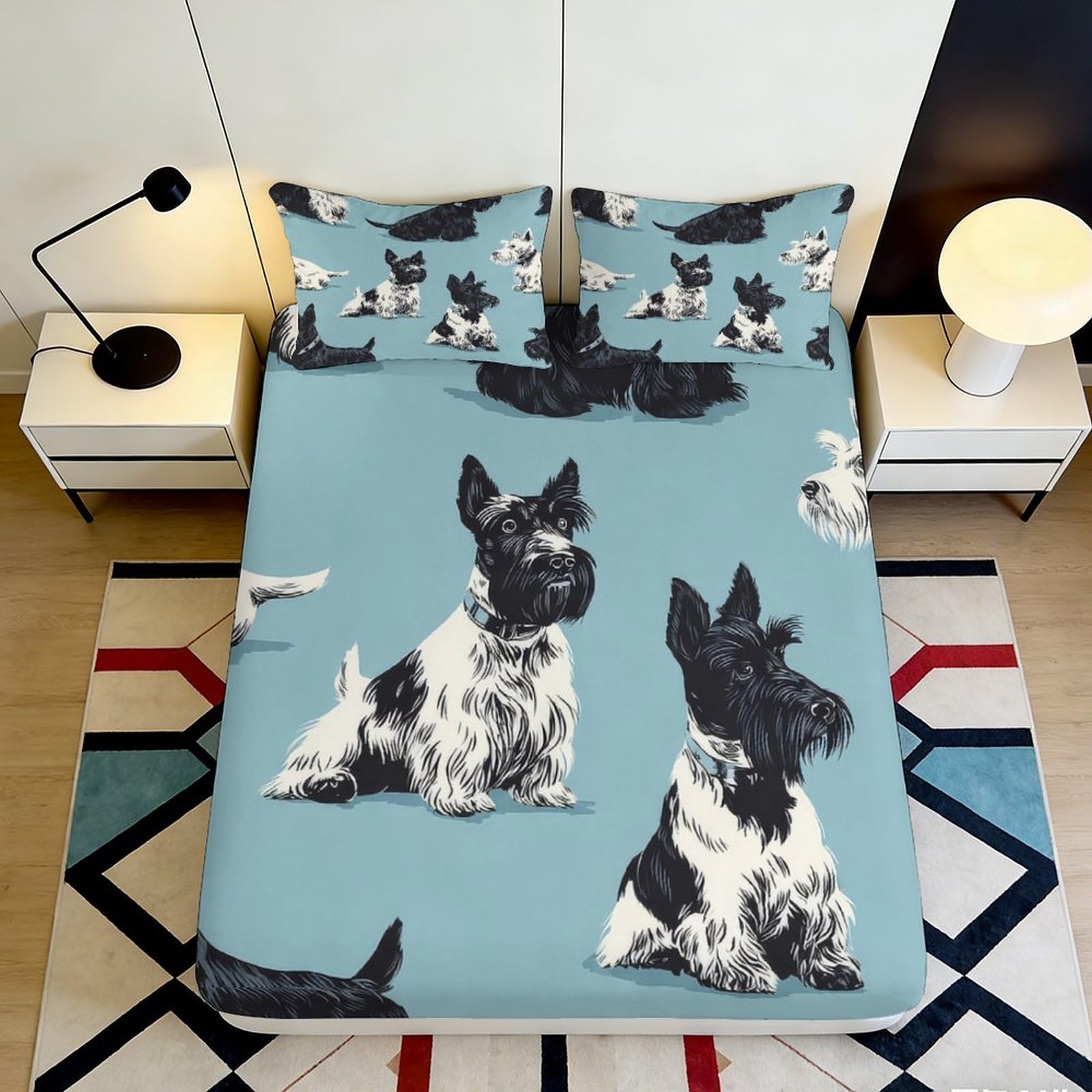 3D Printed Scottish Terrier Dog Fitted Sheet Microfiber Blue Cartoon Mattress Cover Non Slip Washable for Bedroom Home 120x200x25cm