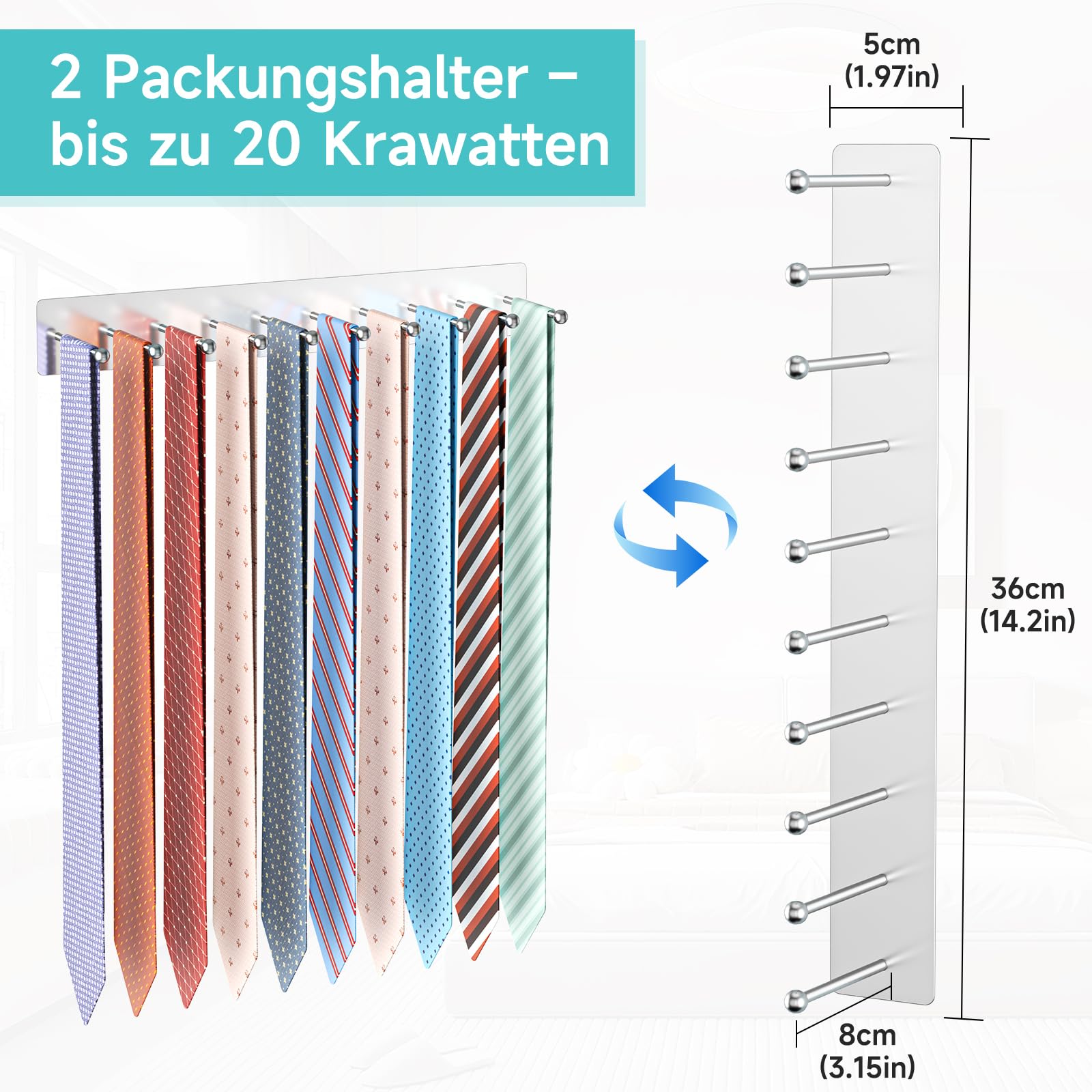 Krawattenhalter Schranktür, Krawatten Aufbewahrung Wand, Krawattenbügel für Männer Metall, Selbstklebende Krawattenhalter mit 20 Haken, für Schlafzimmer, Wohnzimmer, Ankleidezimmer (Silber)