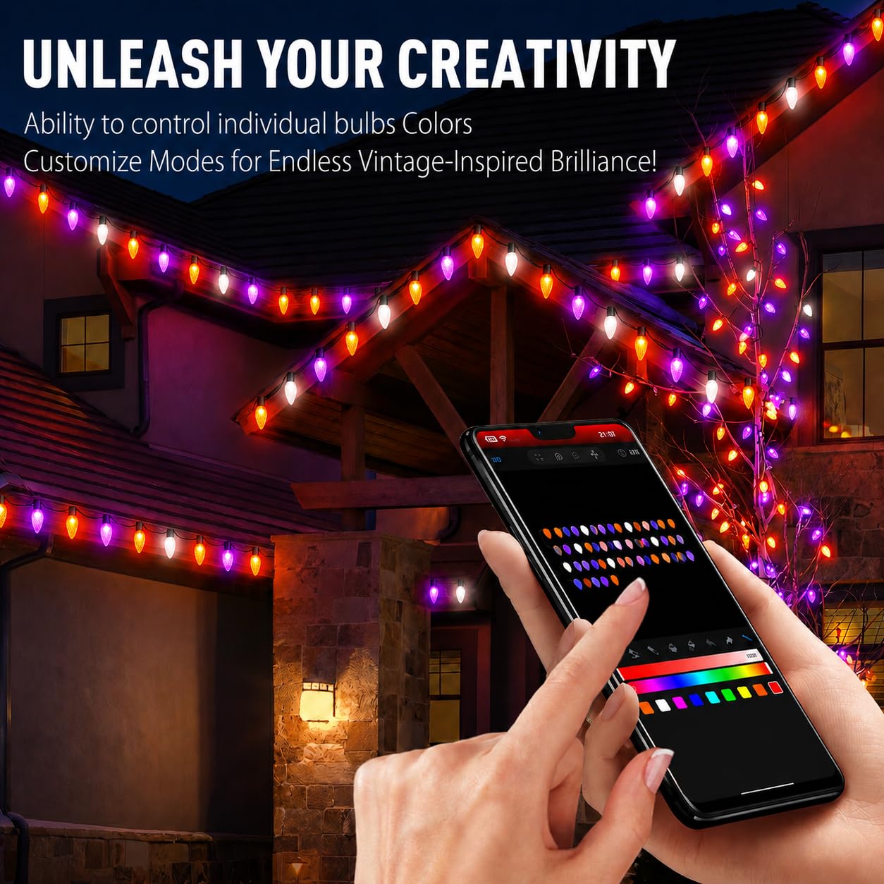Probro Smart C9 - Luci natalizie a LED per esterni, 25 m, 150 LED, stile vintage, con telecomando, 105+ modalità, impermeabilità IP65, collegabili, sincronizzazione musicale per albero di Natale