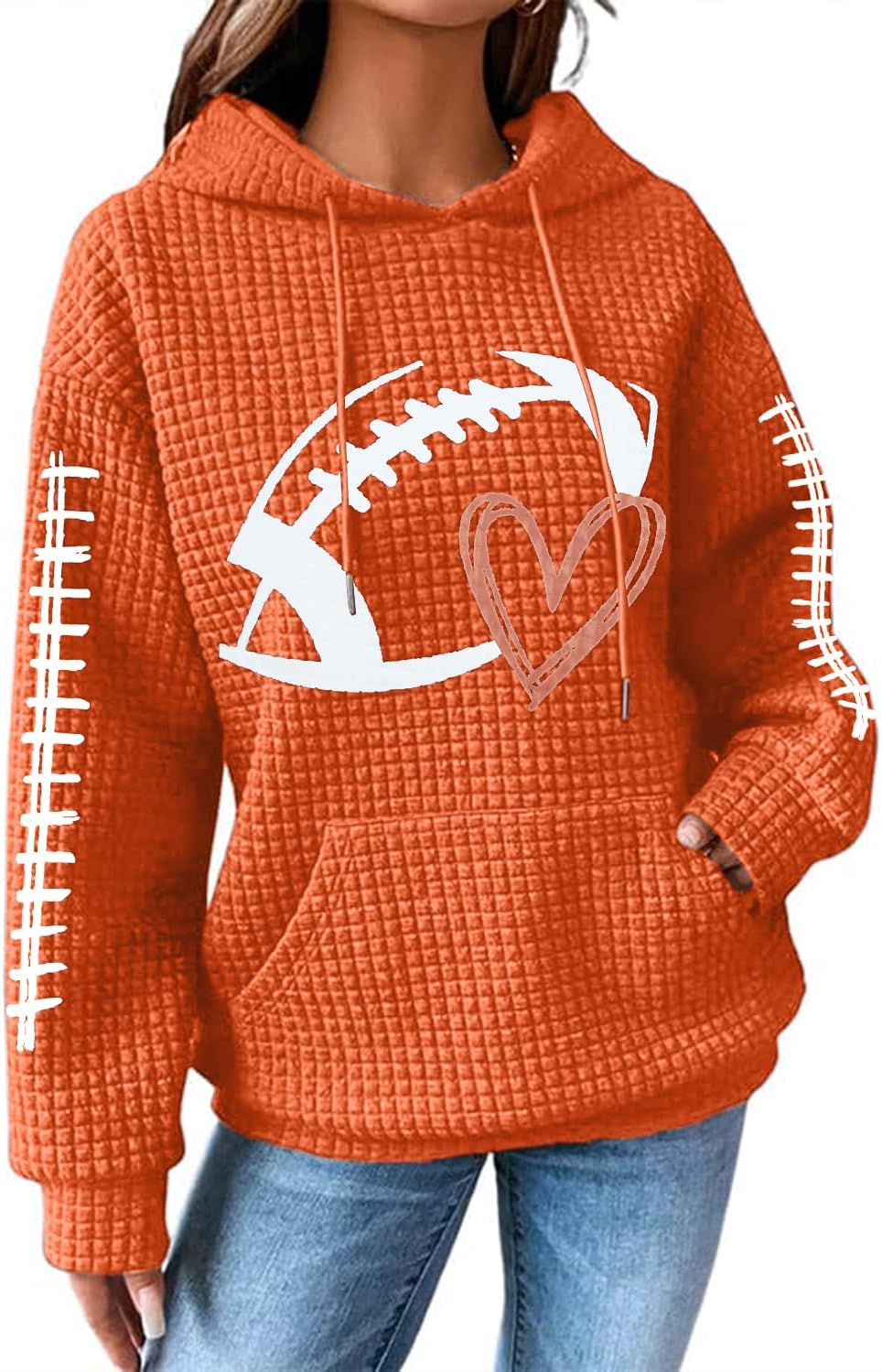 VILOVE Game Day Hooded Sweatshirt Women Funny Football Graphic Shirt Waffle Knit Game Day Pullover Hoodies Long Sleeve