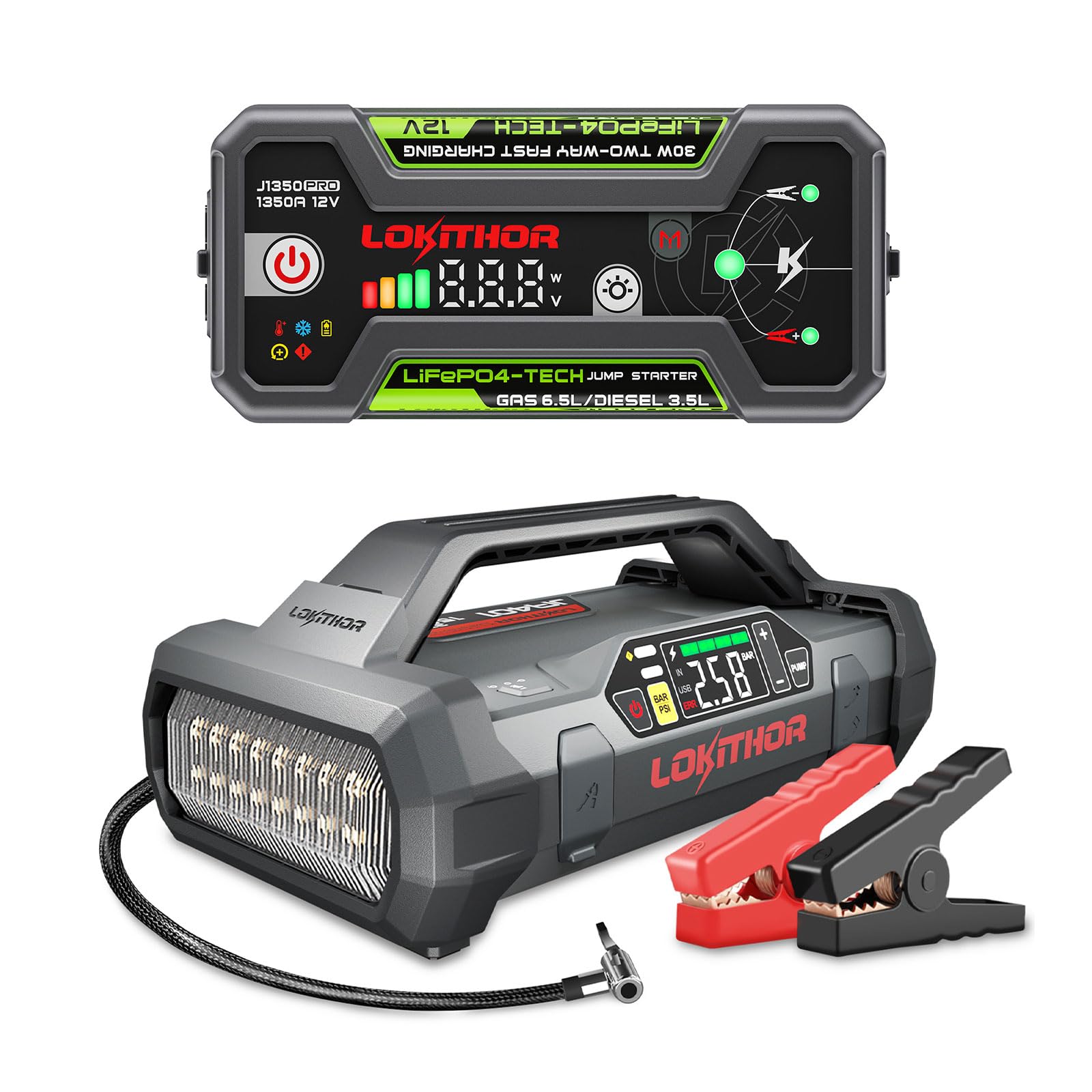J1350 PRO LiFePO4 1350 Amp Jump Starter and JA401 3750 Amp 12 Volt Battery Jump Starter with 150PSI