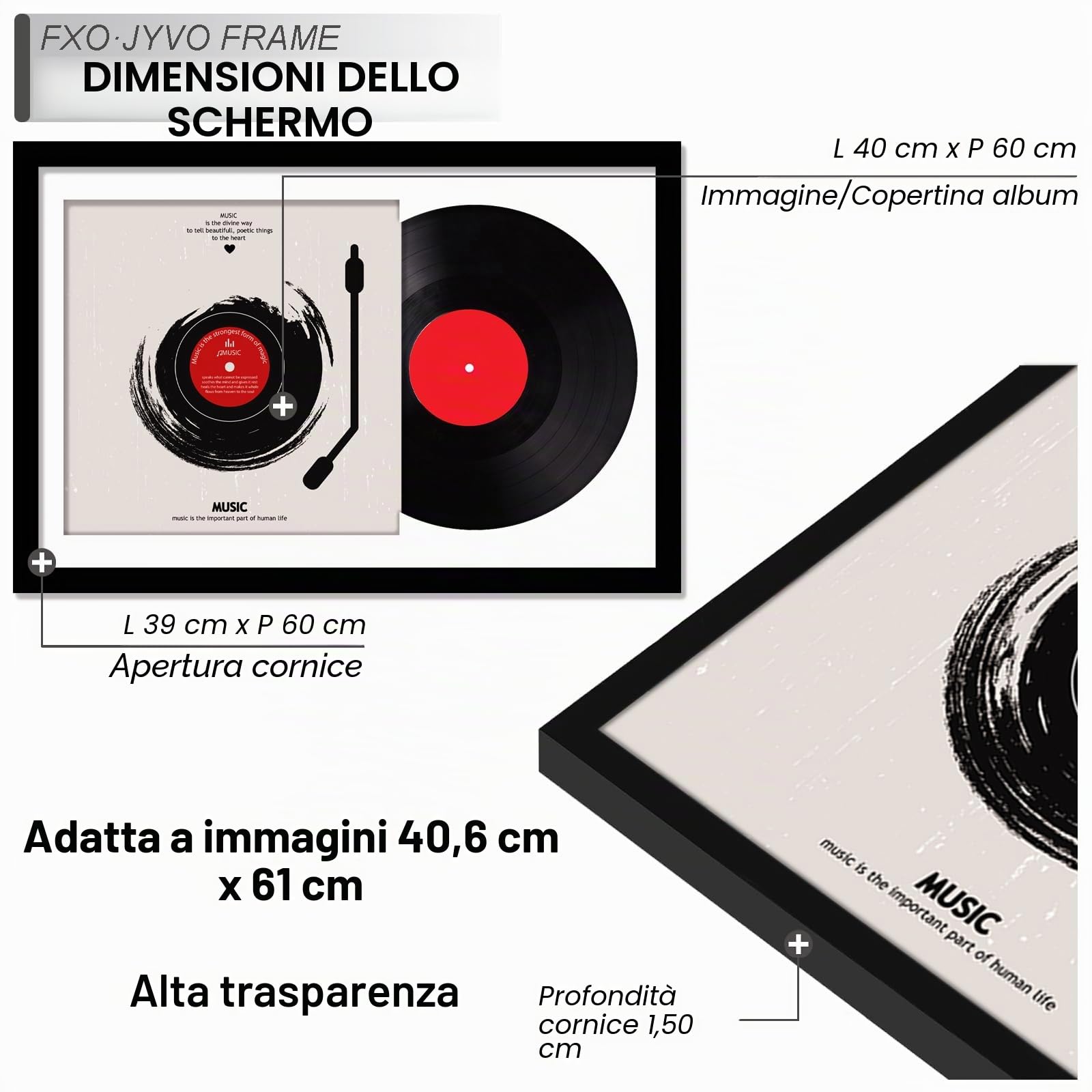 Fxojyvo Cornice per dischi in vinile per la copertina dell'album da parete, cornice nera 40,6 x 61 cm per qualsiasi disco LP da 30,5 cm con custodia, 1 confezione/nero