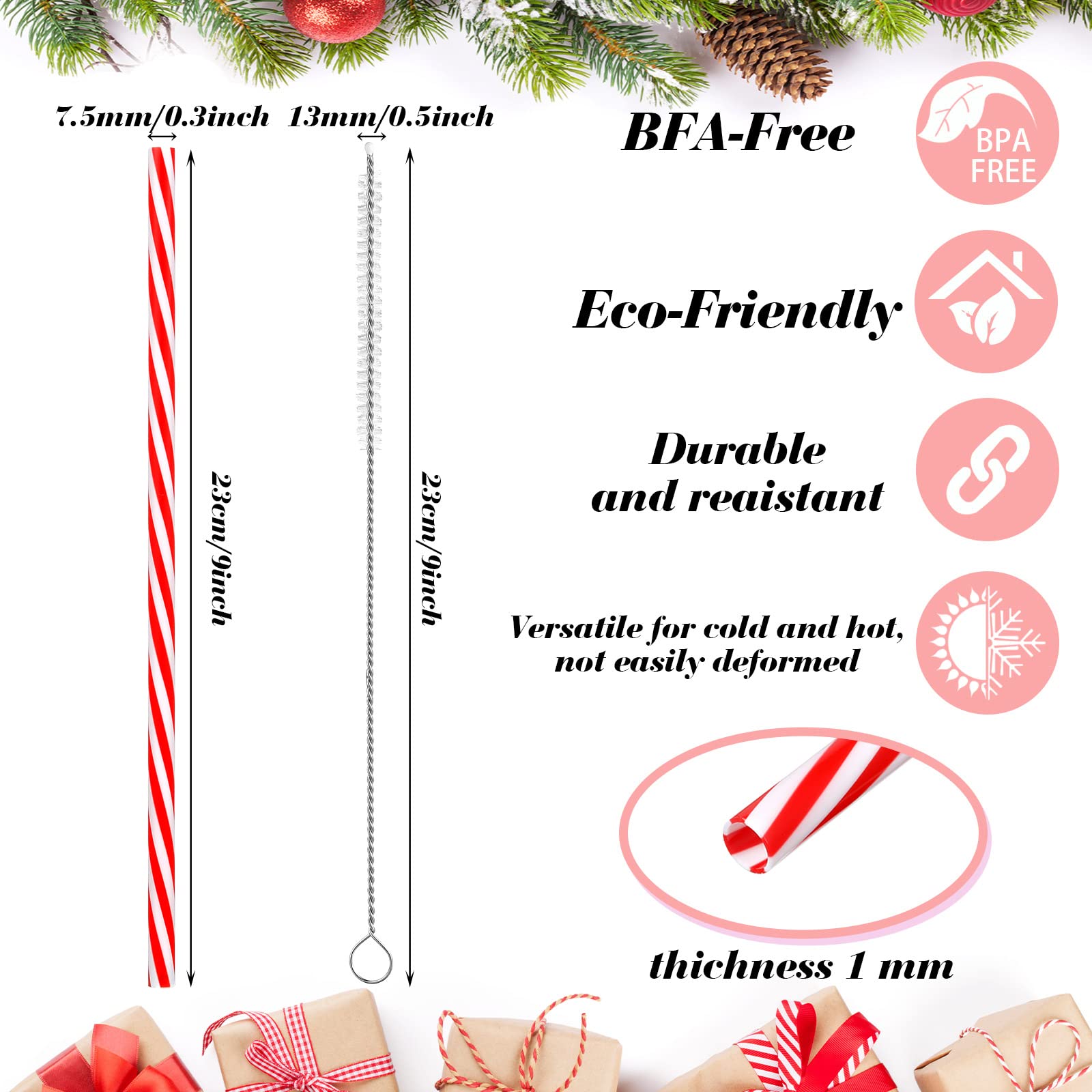 Vesici 9 Inch Striped Straws Reusable Plastic Straws with Cleaning Brush Red Striped Hard Drinking Straws Unbreakable Mason Jar Straws for Christmas Party Decoration Supplies (Red and White,50 Pcs)