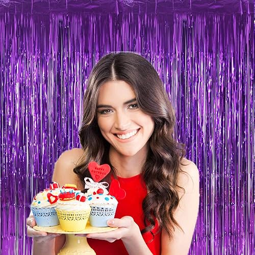 Miniatura 8 de Cortinas de fondo moradas para suministros de fiesta, 6.5 x 6.5 pies, paquete de 2  Cortina de flecos de papel de aluminio de LILF para decoración