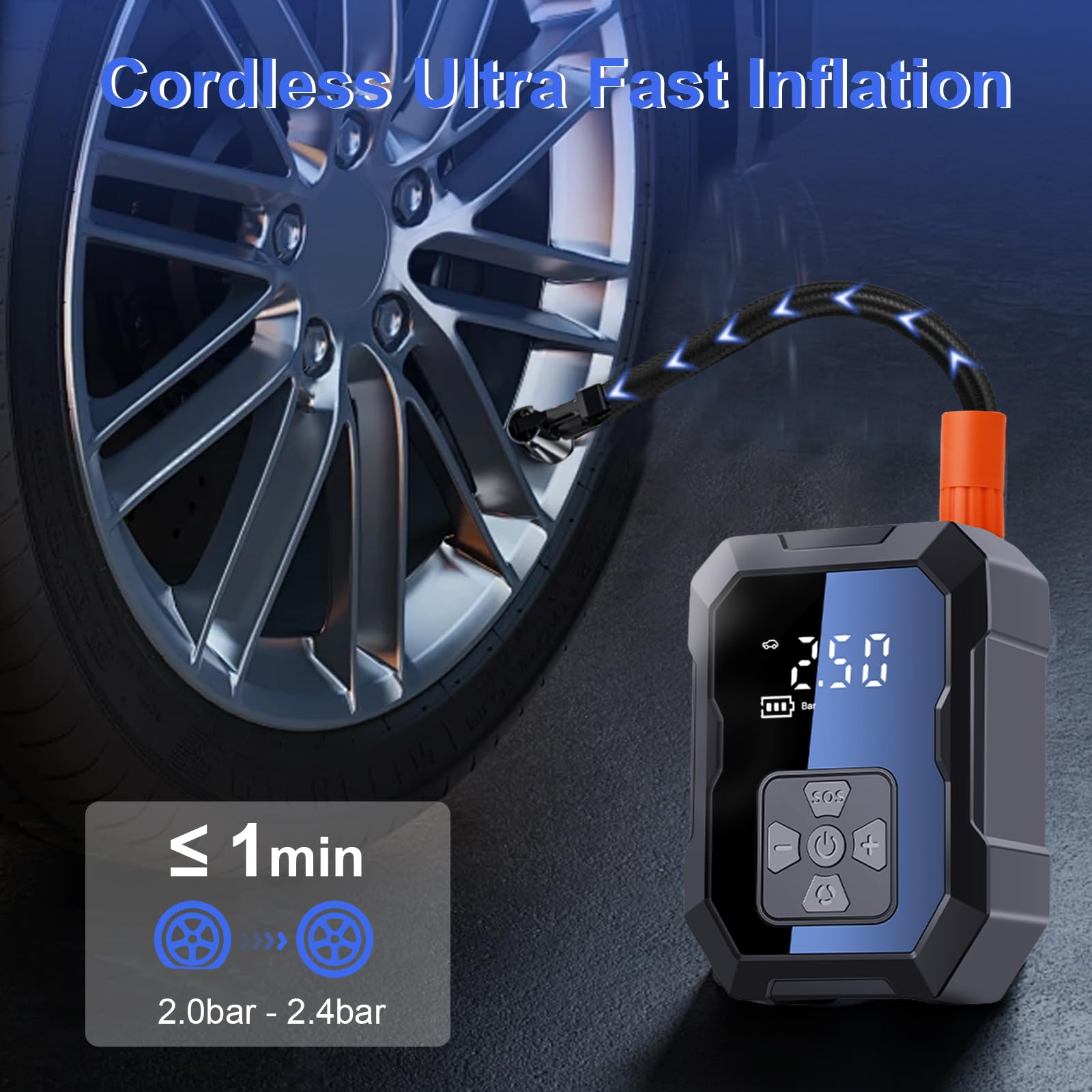 Compresor de aire portátil inflador de neumáticos, bomba de neumáticos 2 en 1 inalámbrica y encendedor de cigarrillos, con manómetro, hasta 150 psi, pantalla digital para coches, motocicletas
