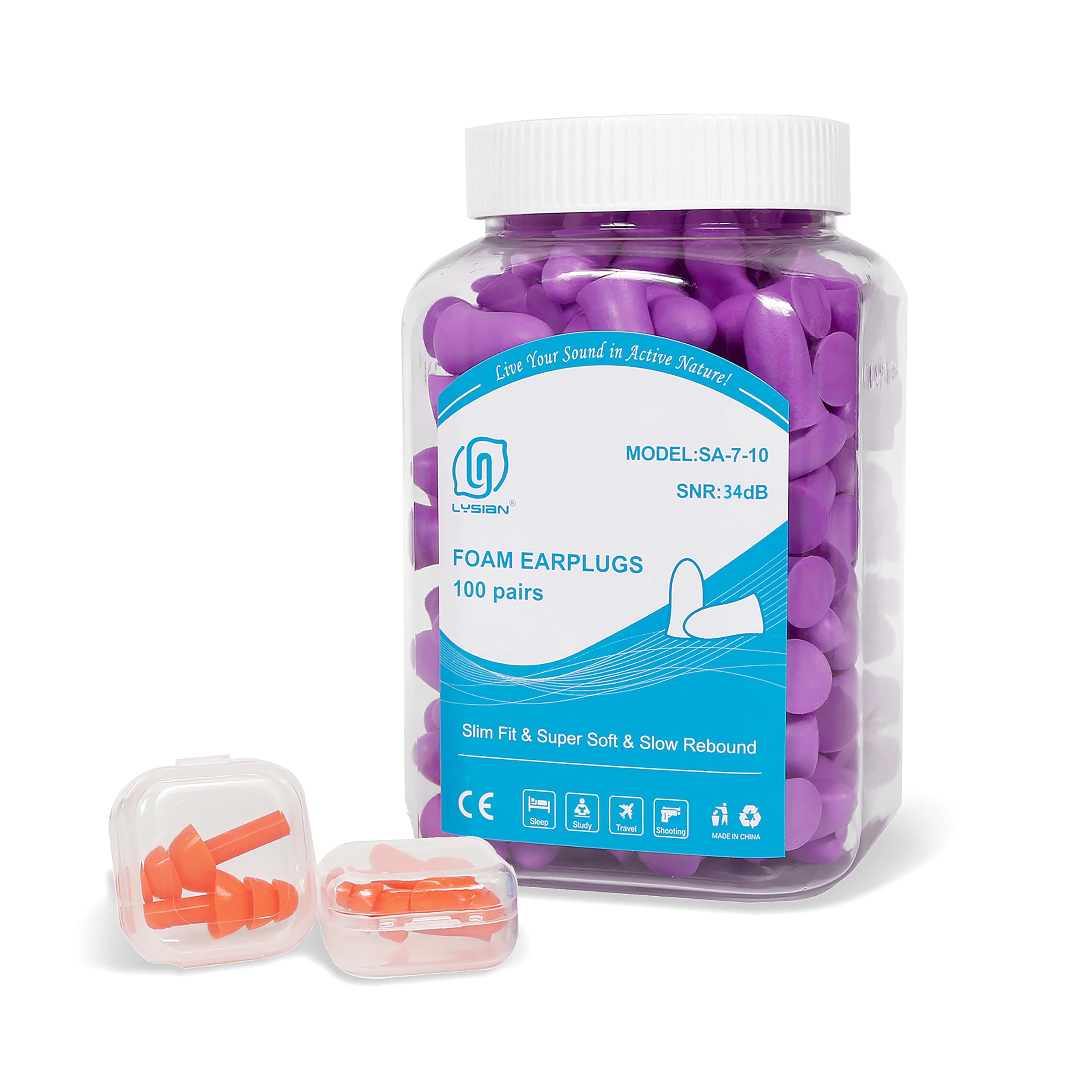 LYSIAN Slim Size Foam Ear Plugs for Small Ear Canals Women, Kids, 100 Pairs, 35dB SNR Noise Canceling Earplugs for Sleeping, Work and Study (Purple)