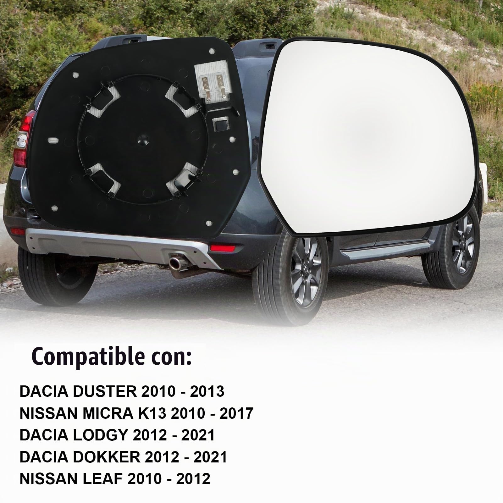 Espejo Retrovisor Ajustable Repuesto para Dacia Duster 2010-2013/Lodgy 2012-2021/Dokker 2012-2021 y Nissan Micra K13 2012-2027/Leaf 2010-2012, Lente de Marcha Atrás (Derecha)