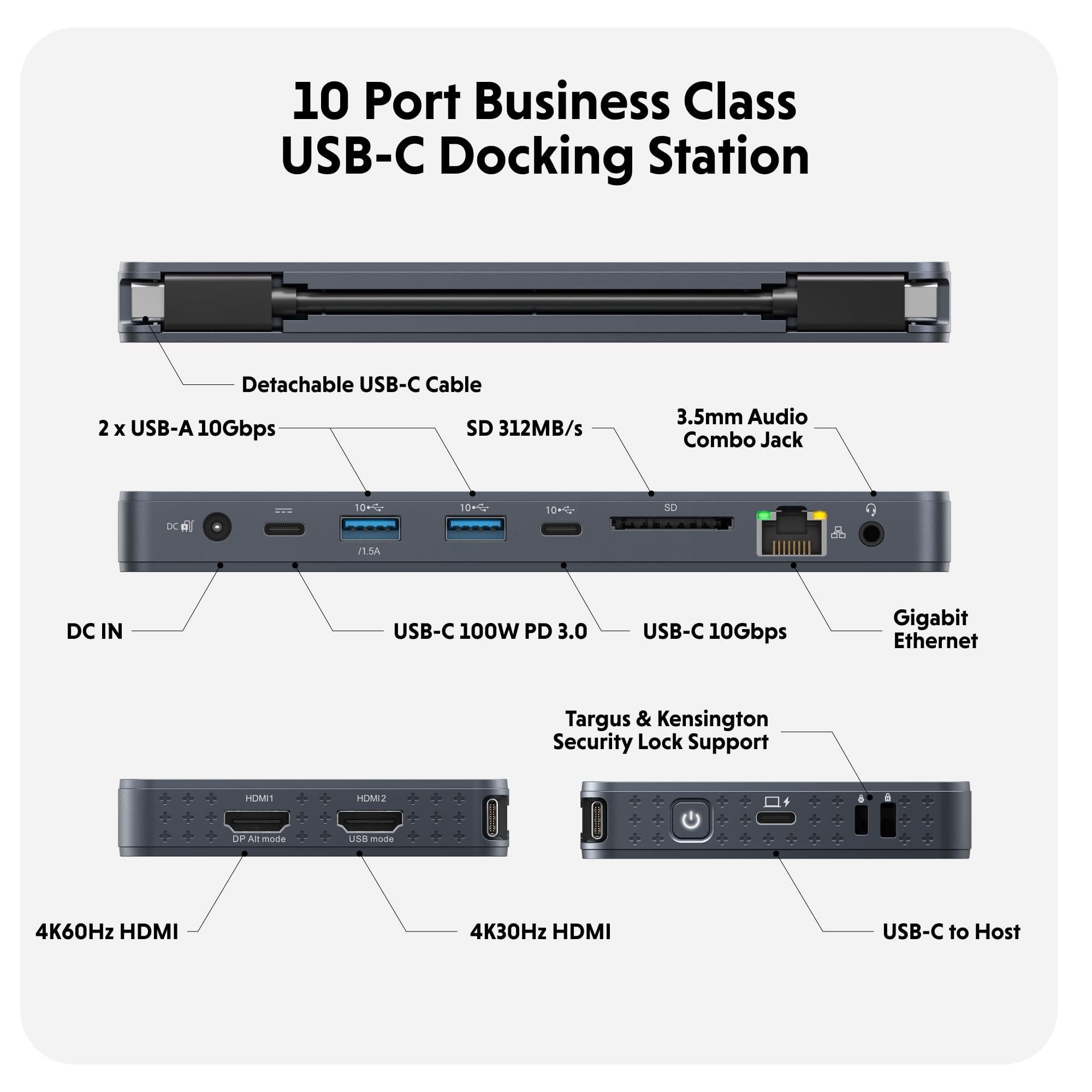 HyperDrive Next 10 Port Business Class USB C Docking Station for PC/Mac/Chromebook, Pro-Grade 2X File Transfer w/ 10Gbps, 3X Fast Photo/Video Transfer w/SD 4.0, Charges w/ 100W PD Power