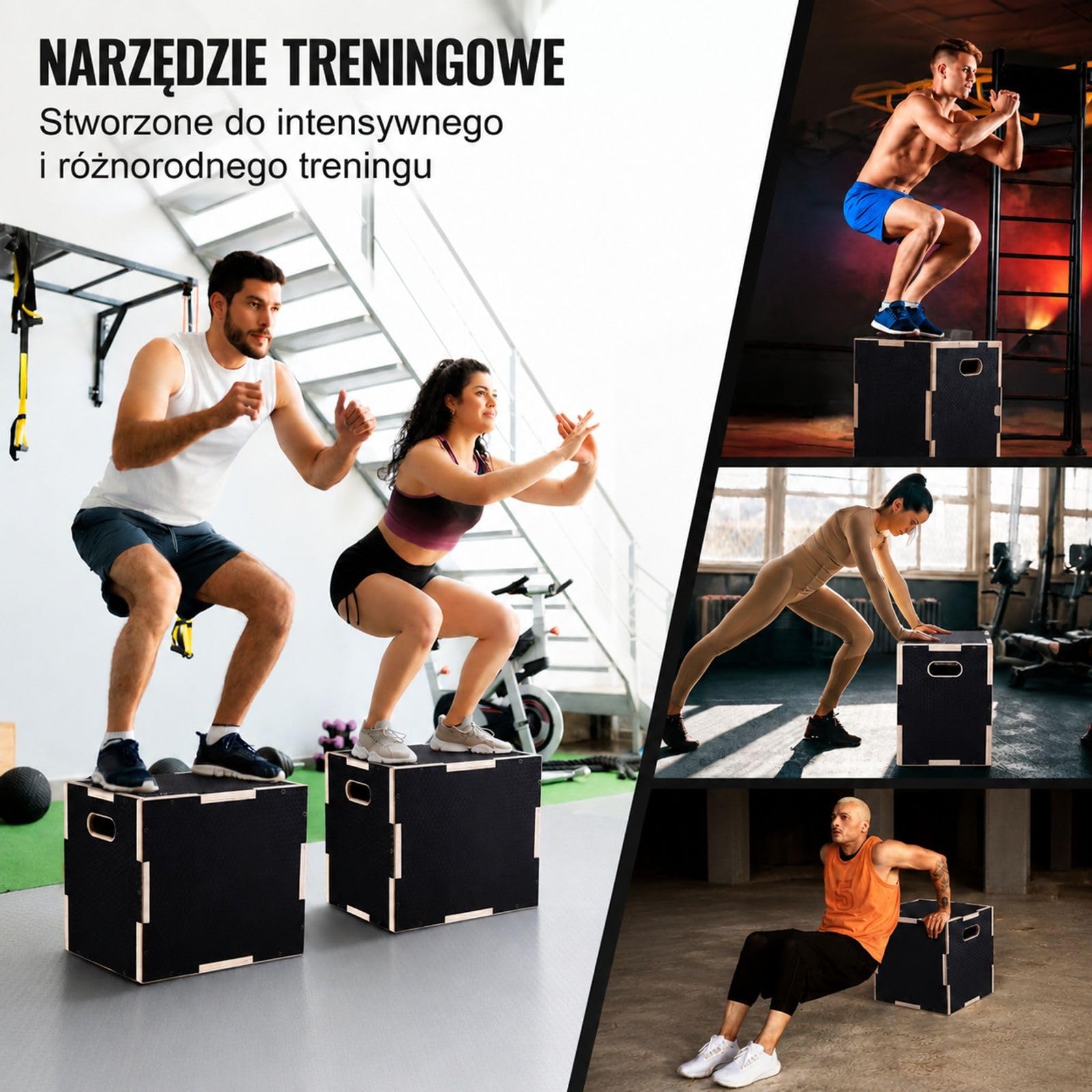 Skrzynia plyometryczna 3 w 1 czarna z wielowarstwowej sklejki do ćwiczeń fitness w domu