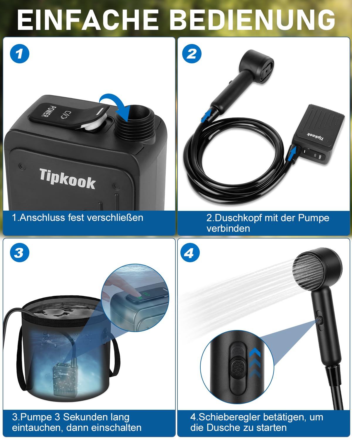 Einfache Tragbare Campingdusche für Einsteiger, 3 Wasserstufen, Mobile Outdoor Dusche mit Pumpe, 5000mAh Akku, Saugnäpfen & Haken für Camping, Tierwäsche, Autowäsche, Obst Waschen, Blumen Gieβen