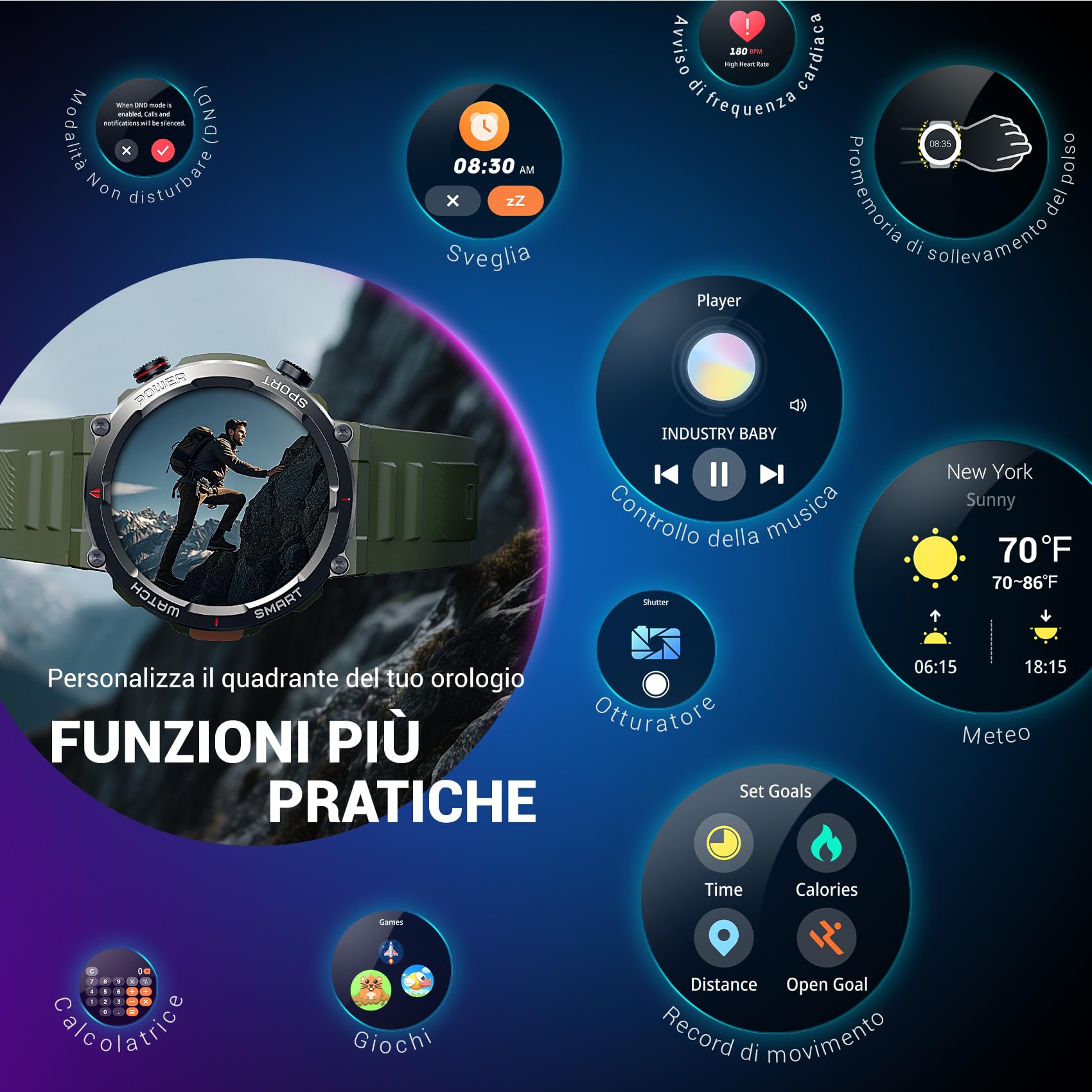 Blackview Smartwatch Uomo, Orologio Intelligente Fitness con Chiamate Bluetooth,1.45" Militari Smart Watch Tracker 100+ Modalità Sportive per Cardiofrequenzimetro,SpO2, Torcia,Bussola per Android iOS