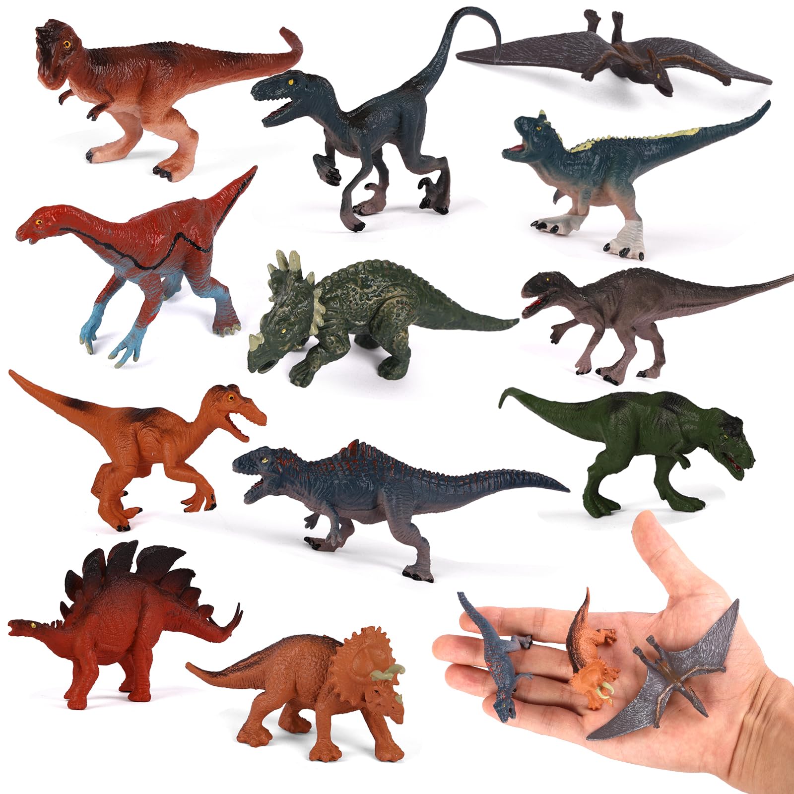 12PCS Dinosaur Toys for Boys Realistic Dinosaur Animal Figures with T-Rex, Triceratops, Stegosaurus, Pterosaur