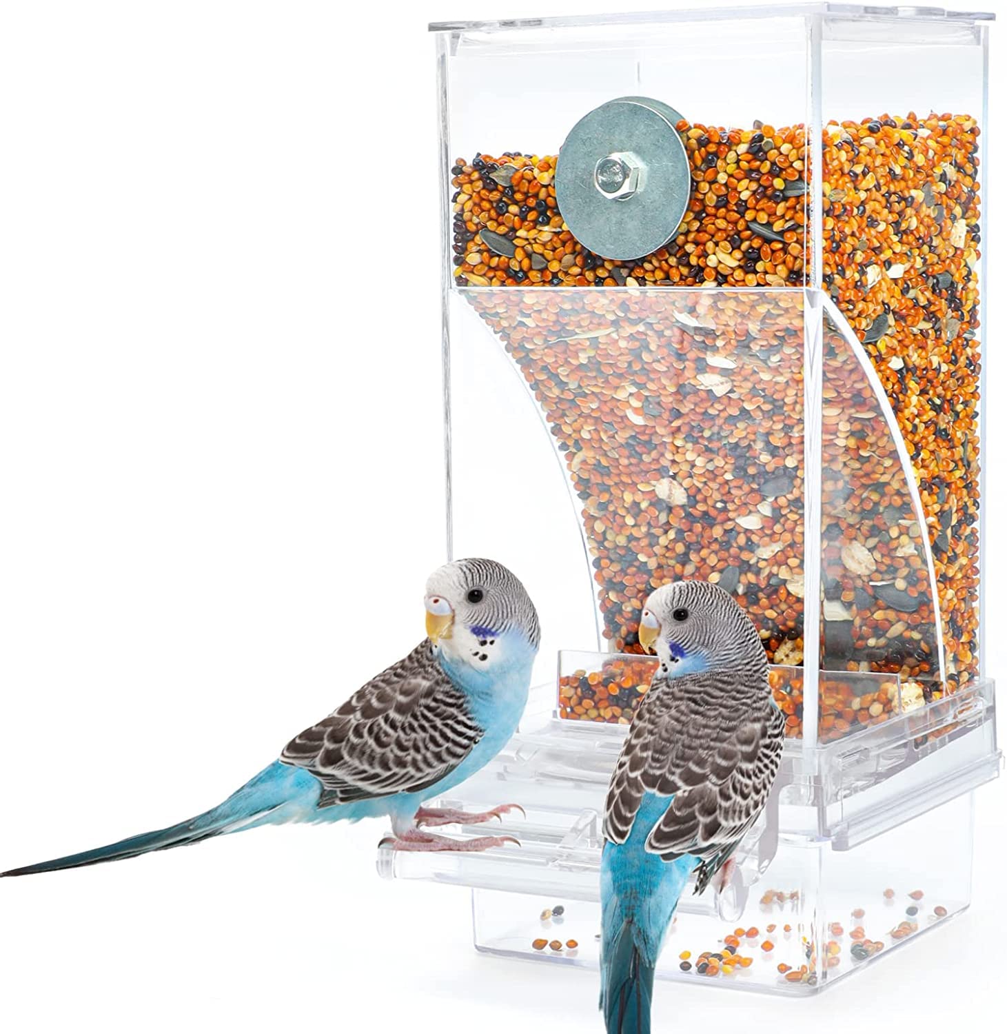 MAKINGTEC Parrot Automatic Feeder, No Mess Bird Feeder for Cage Parakeet Seed Food Container Acrylic Lovebirds Cage Accessories for Small Conures Budgies Canary Finches