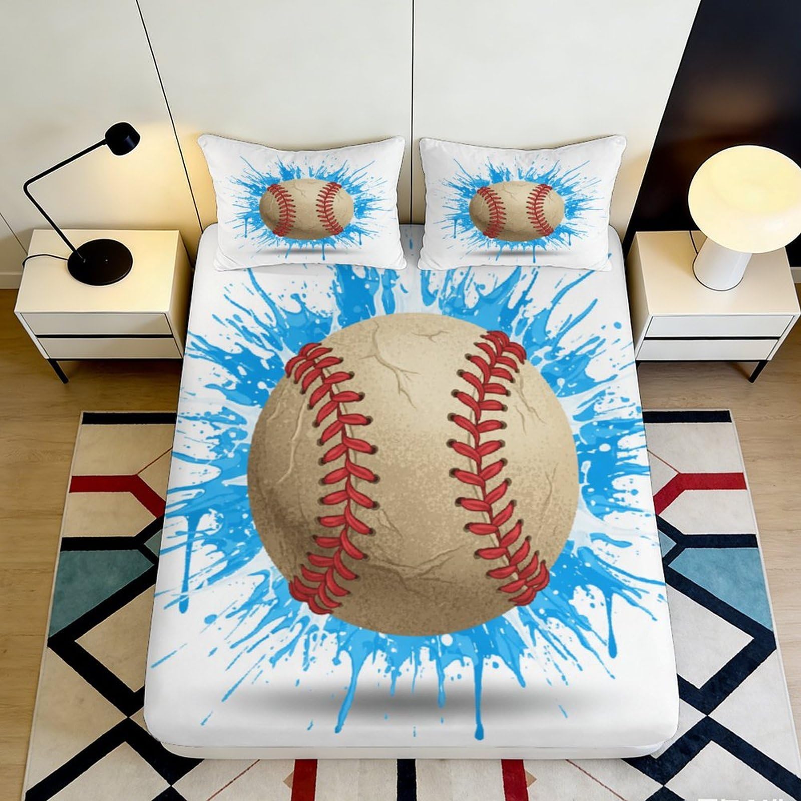 3D Printed Baseball Splash Fitted Sheet Microfiber Soft Blue Artistic Bed Cover for Bedroom Guestroom Mattress Decor 90x200x25cm