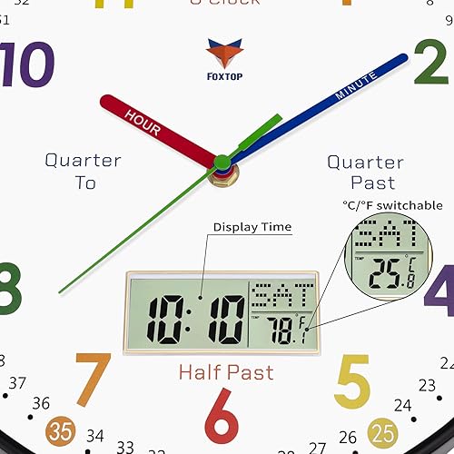 Miniatura 5 de Foxtop Reloj de aprendizaje digital y analógico para niños, reloj de enseñanza de 12 pulgadas, silencioso, sin tictac, funciona con pilas, reloj de