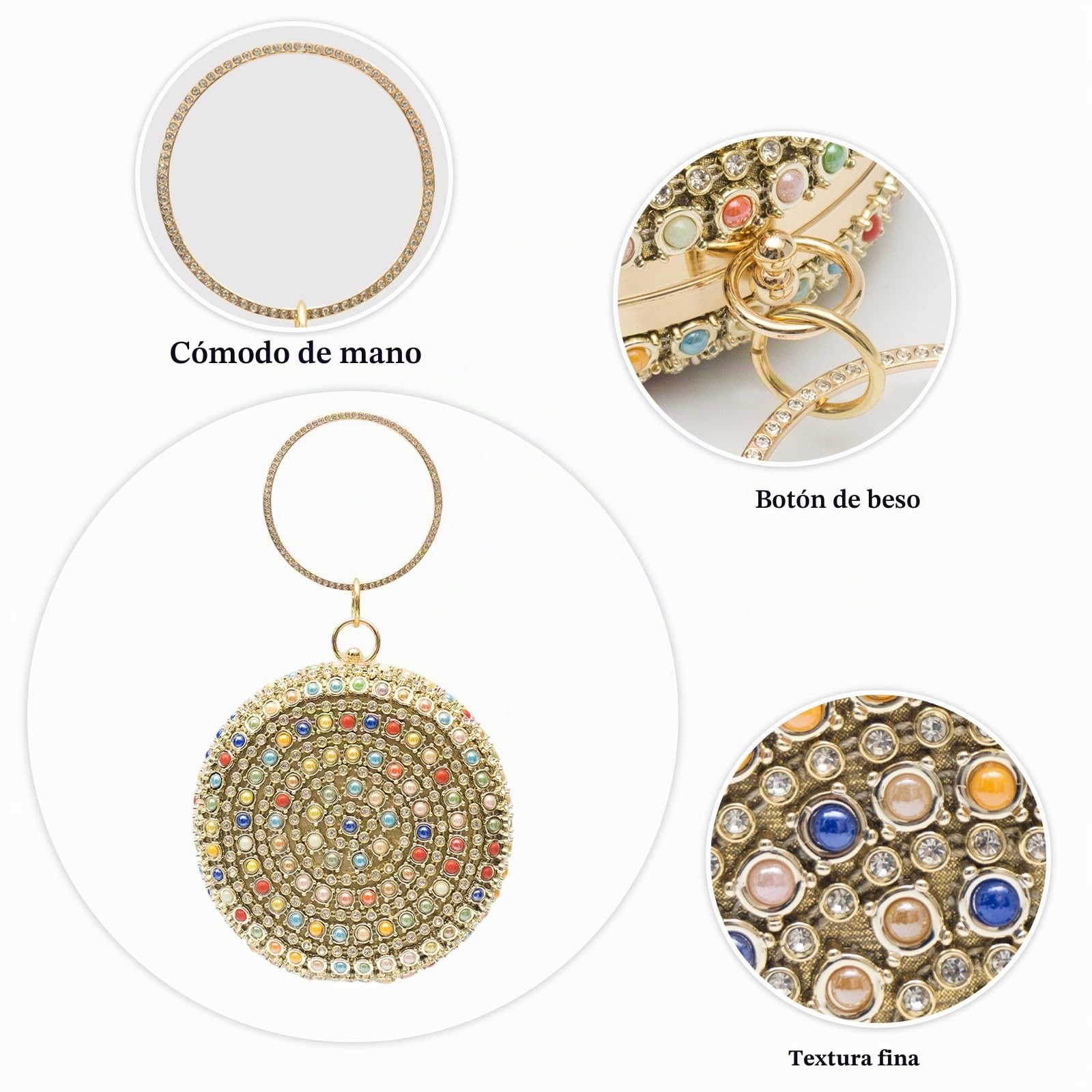 Bolso de Fiesta con Bola Redonda para Mujer Diamantes de Imitación Clutch Bolso de Boda Elegante Bolsa de Noche con Cuentas Bolso de Hombro Pequeña Formal Boda Banquete Bolsos Bandolera
