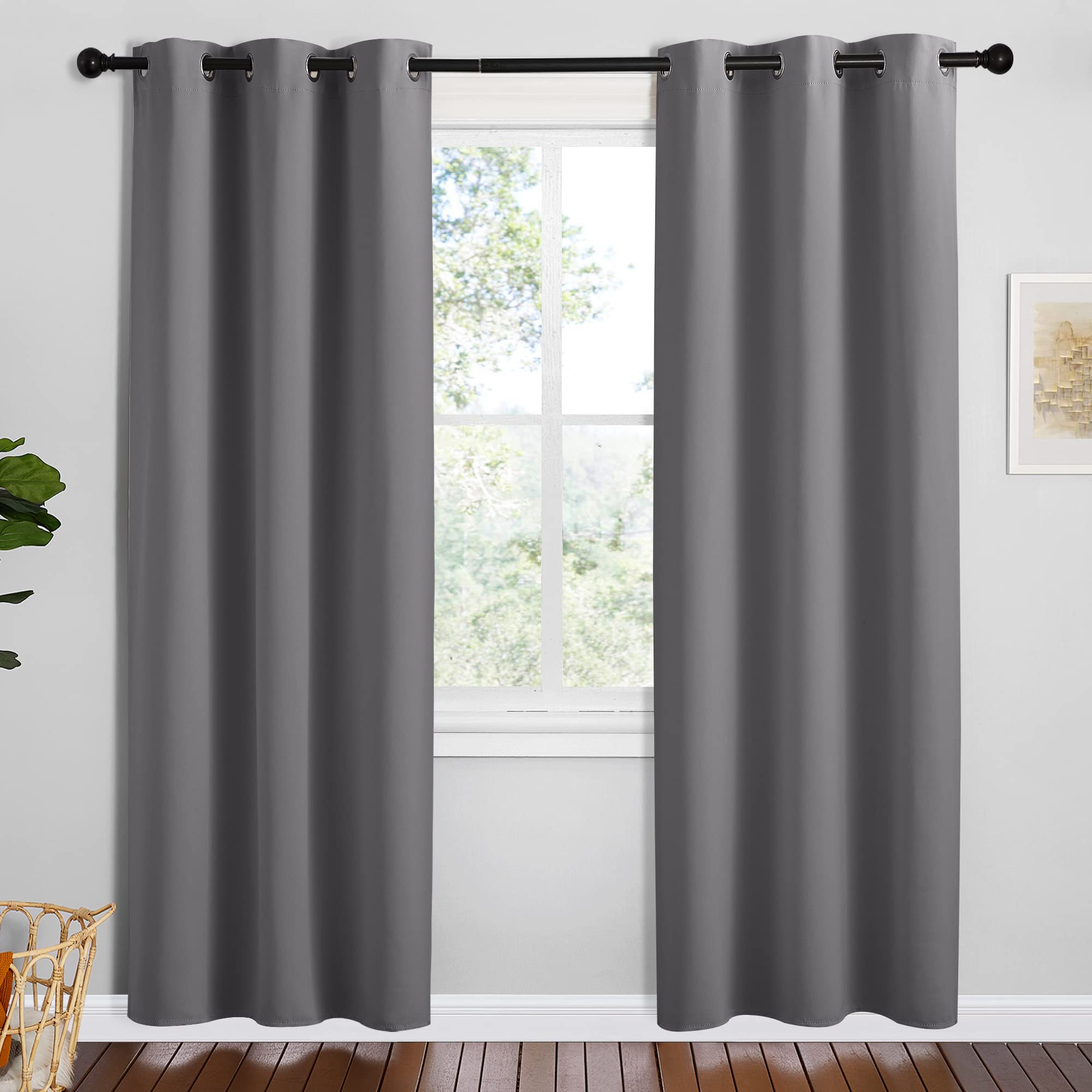 NICETOWN Grey Blackout Curtain Panels for Bedroom, 2 Panels, W42 x L78-inch, Grey, Thermal Insulated Grommet Top Blackout Draperies and Drapes for Basement